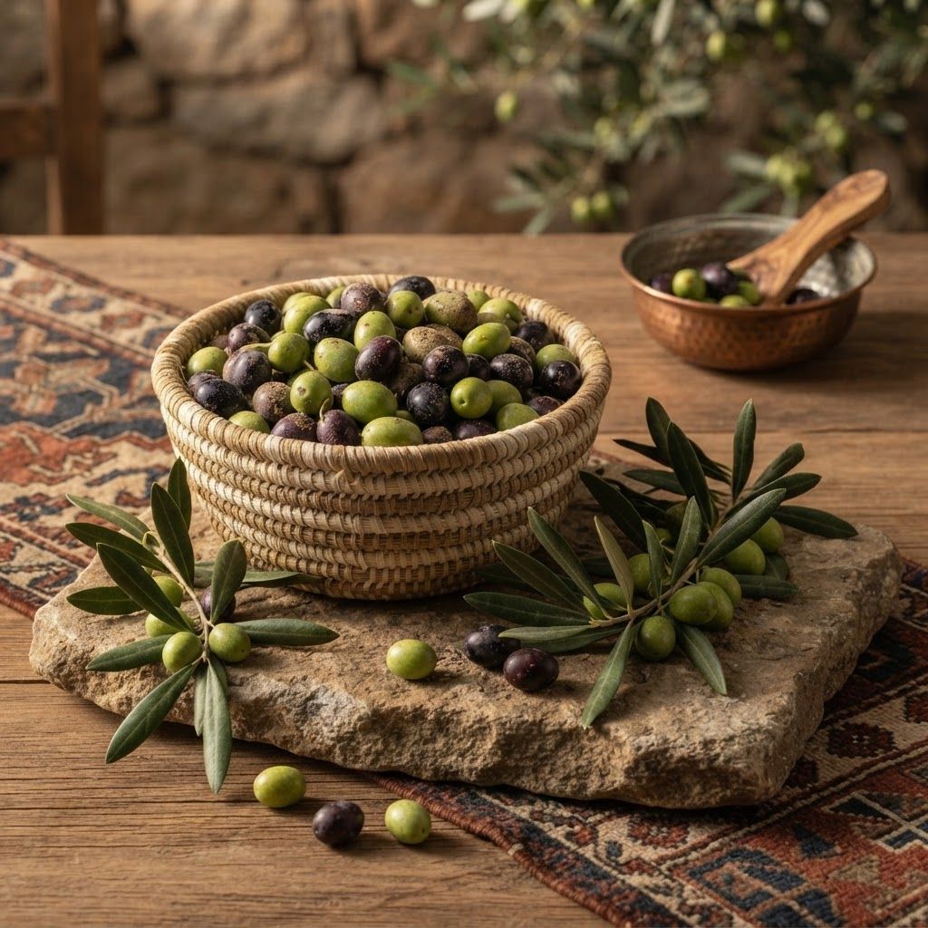 AI Design for Create a new premium Anatolive brand image using the existing Gallery images and Brand Guide as visual references.
Show freshly harvested green and purple olives in a traditional woven basket beside olive branches and natural stone.
No product or packaging.
Warm Mediterranean morning sunlight, authentic Anatolian atmosphere, natural earthy colors, elegant composition and realistic textures.
Photorealistic premium editorial food photography.
No text, no logos, no artificial colors.
