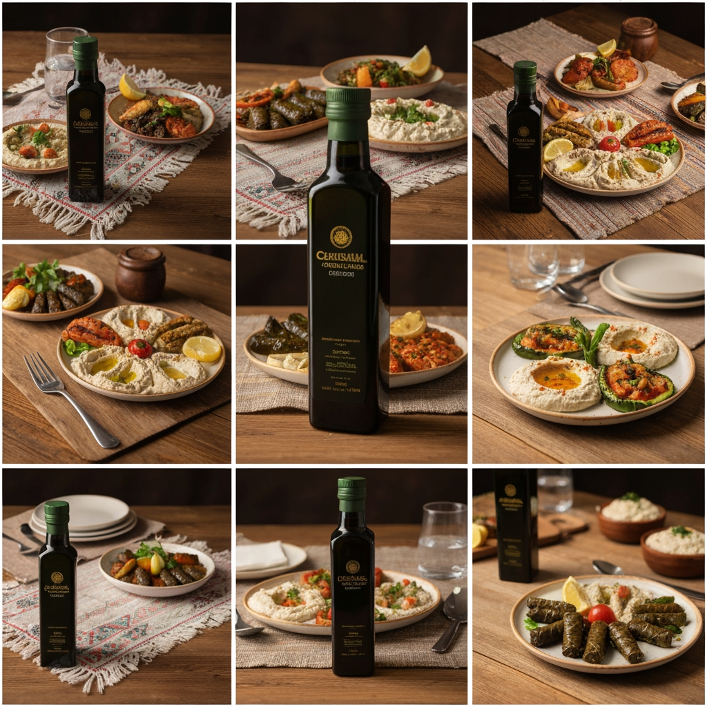 AI Design for This is an olive oil bottle; prepare photos for me featuring my olive oil alongside plates of Anatolian dishes.