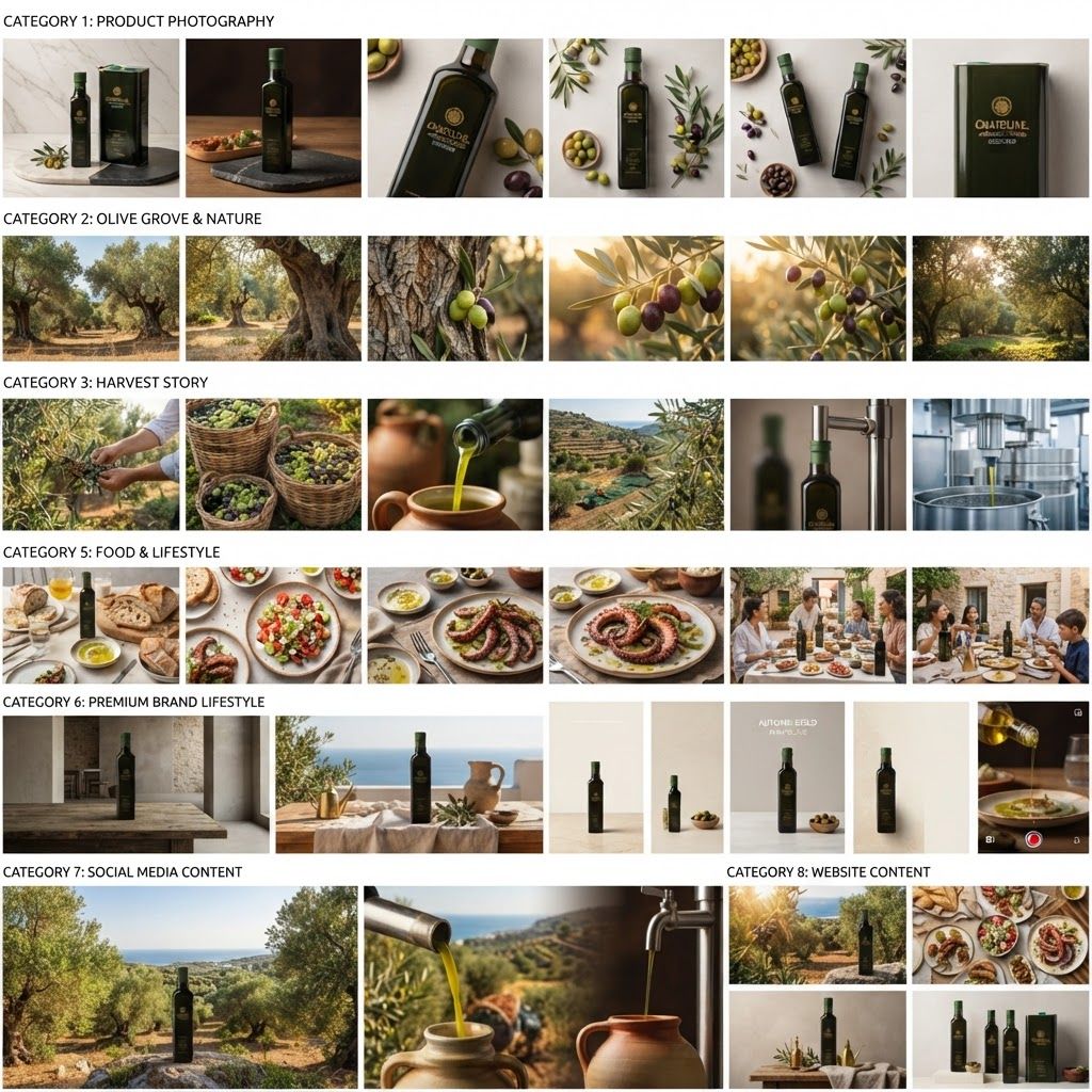 AI Design for Create a complete premium visual asset gallery for my olive oil brand ANATOLIVE.
The brand identity is authentic, natural, premium, Mediterranean and elegant.
Use the existing Anatolive product images and packaging as the primary visual reference.
Do not redesign or alter the Anatolive logo, label, typography or packaging.
Build a large and coherent brand image library with 30–50 unique visuals.
Create these categories:
1. PRODUCT PHOTOGRAPHY
- Anatolive olive oil bottle hero shots
- 5L Anatolive metal tin hero shots
- single product on neutral premium backgrounds
- front, side, 3/4 and close-up product angles
- product with olives and olive branches
- premium studio packshots
- products on natural stone, marble and wood surfaces
2. OLIVE GROVE & NATURE
- authentic Mediterranean olive groves
- ancient olive trees
- olive branches
- green and purple olives
- close-up olive fruit photography
- warm natural sunlight
- sunrise and golden hour olive groves
- earthy natural textures
3. HARVEST STORY
- traditional olive harvesting
- olives being collected
- baskets full of olives
- olive branches during harvest
- hands picking olives
- authentic rural Mediterranean atmosphere
- fresh olives immediately after harvesting
4. OLIVE OIL PRODUCTION
- fresh olives being processed
- olive oil extraction atmosphere
- golden olive oil pouring
- macro shots of fresh olive oil
- oil flowing from bottle
- traditional and modern production details
5. FOOD & LIFESTYLE
- Anatolive olive oil on a Mediterranean breakfast table
- fresh bread dipped in olive oil
- salads with olive oil
- Mediterranean dishes
- tomatoes, cheese, herbs and olives
- elegant family dining scenes
- premium restaurant-style food photography
6. PREMIUM BRAND LIFESTYLE
- Anatolive products in elegant Mediterranean environments
- rustic stone architecture
- natural linen fabrics
- wooden tables
- ceramic plates
- olive branches
- warm sunlight
- sophisticated but authentic styling
7. SOCIAL MEDIA CONTENT
Create vertical 4:5 and 9:16 compositions suitable for Instagram posts, stories and reels.
Leave clean negative space where text can be added later.
Create several minimal compositions with the product positioned to the left, right and center.
8. WEBSITE CONTENT
Create wide 16:9 hero banner compositions.
Create product category banners.
Create olive grove background images.
Create harvest story banners.
Create premium brand story visuals.
VISUAL STYLE:
Premium Turkish Mediterranean olive oil brand.
Natural, authentic, sophisticated, warm and timeless.
Use olive green, cream, warm beige, stone, dark charcoal and natural wood tones.
Soft natural sunlight.
Editorial food photography.
Luxury product photography.
High-end commercial advertising photography.
Realistic materials and realistic lighting.
No artificial-looking CGI.
No excessive props.
No clutter.
No cheap stock-photo appearance.
IMPORTANT:
Maintain complete visual consistency across the entire gallery.
All Anatolive products must look like the same real products.
Never change the Anatolive logo, packaging design, label or product proportions.
Do not invent different logos or packaging.
Create a cohesive premium brand photography library rather than unrelated images.
Organize the gallery into clearly identifiable visual groups:
PRODUCT / 5L TIN / OLIVE GROVE / HARVEST / PRODUCTION / FOOD / LIFESTYLE / SOCIAL MEDIA / WEBSITE / BRAND STORY.