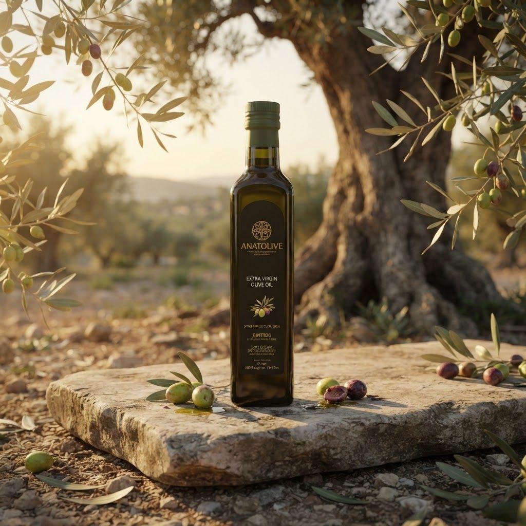 AI Design for Create a premium Anatolive extra virgin olive oil brand photography scene.
IMPORTANT PRODUCT RULE:
Use the Anatolive olive oil bottle from MY ASSETS as the ONLY product reference.
The bottle in the final image MUST be the exact same bottle from the My Assets reference image.
DO NOT redesign, replace, reinterpret, regenerate or invent the bottle.
DO NOT change the bottle shape, proportions, glass color, cap, closure, label, typography, logo, label layout or packaging details.
DO NOT create a generic olive oil bottle.
The Anatolive bottle must remain visually identical to the provided My Assets reference.
BRAND STYLE:
Premium Turkish olive oil brand.
Elegant, authentic, natural, Mediterranean, refined and artisanal.
Use Anatolive's established brand identity and Brand Guide.
Natural olive green, warm cream, earthy beige and subtle golden tones.
Warm Mediterranean sunlight, sophisticated editorial food photography, realistic materials and textures.
SCENE:
Place the exact Anatolive bottle naturally in a beautiful traditional olive grove in Turkey.
Ancient olive trees, authentic Mediterranean landscape, warm late-afternoon sunlight, soft shadows, natural stone and subtle olive branches.
Add a few fresh green and purple olives around the bottle.
The composition should feel premium, authentic and calm.
PHOTOGRAPHY:
High-end commercial product photography.
Photorealistic.
Natural depth of field.
Cinematic but realistic lighting.
Premium food and lifestyle advertising aesthetic.
The bottle is the clear hero product and must be sharp and highly detailed.
MOST IMPORTANT:
The product itself must come ONLY from the My Assets Anatolive bottle reference.
Preserve the exact bottle identity.
Only change the environment, lighting, composition and surrounding props.
Never change the bottle.