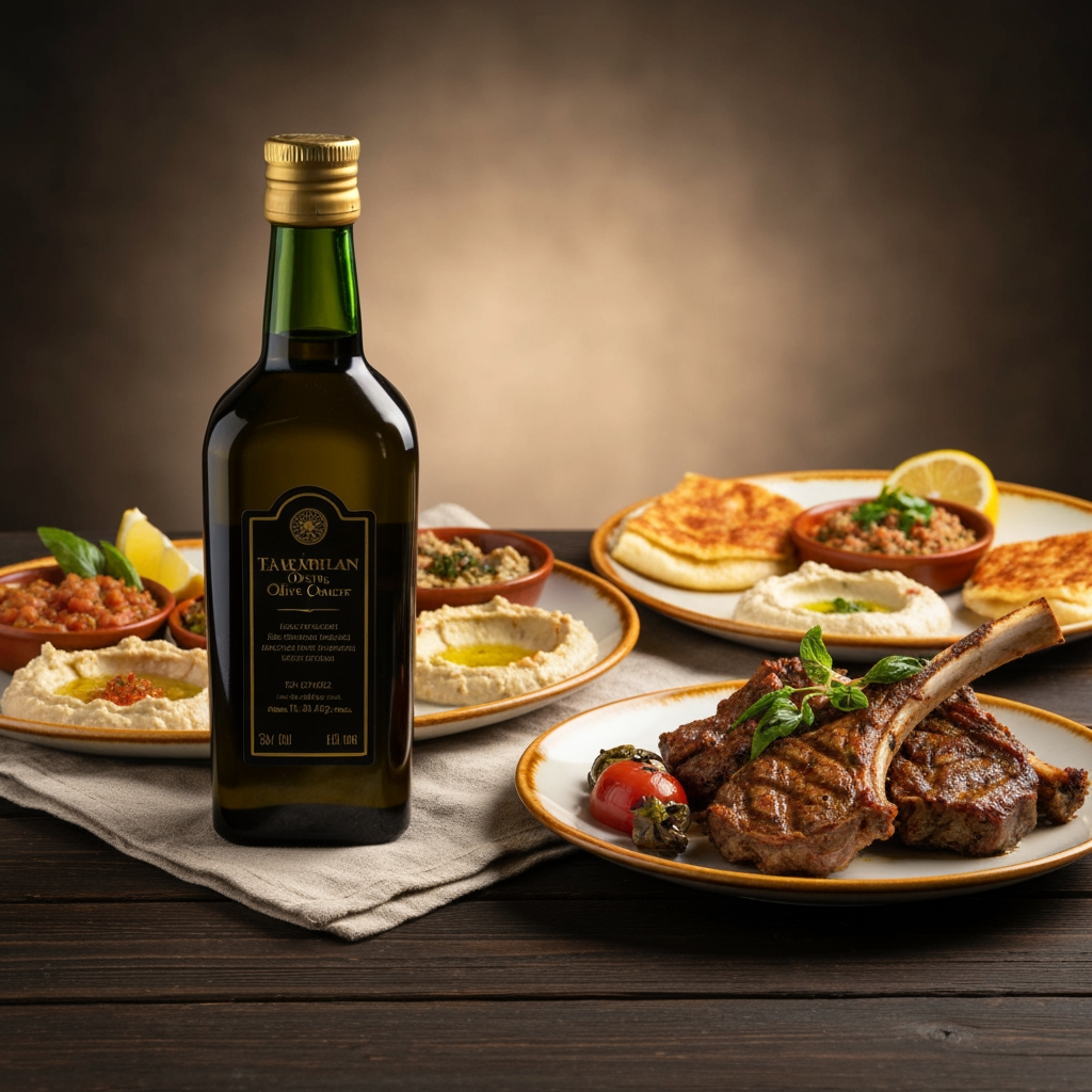 AI Design for This is an olive oil bottle; prepare photos for me featuring my olive oil alongside plates of Anatolian dishes.