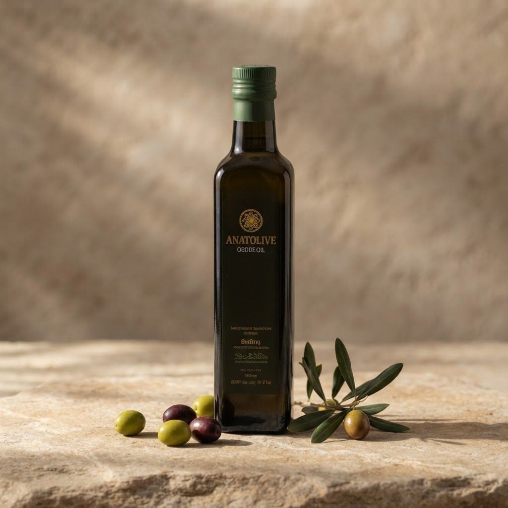 AI Design for Create a premium commercial product photograph of the existing Anatolive olive oil bottle. Keep the exact Anatolive bottle, label, logo, typography and proportions unchanged. Place the bottle standing on natural beige stone with a few fresh green and purple olives and a small olive branch. Warm Mediterranean sunlight, elegant shadows, premium Turkish olive oil advertising, photorealistic, sophisticated, minimal composition, no text added, no packaging changes.