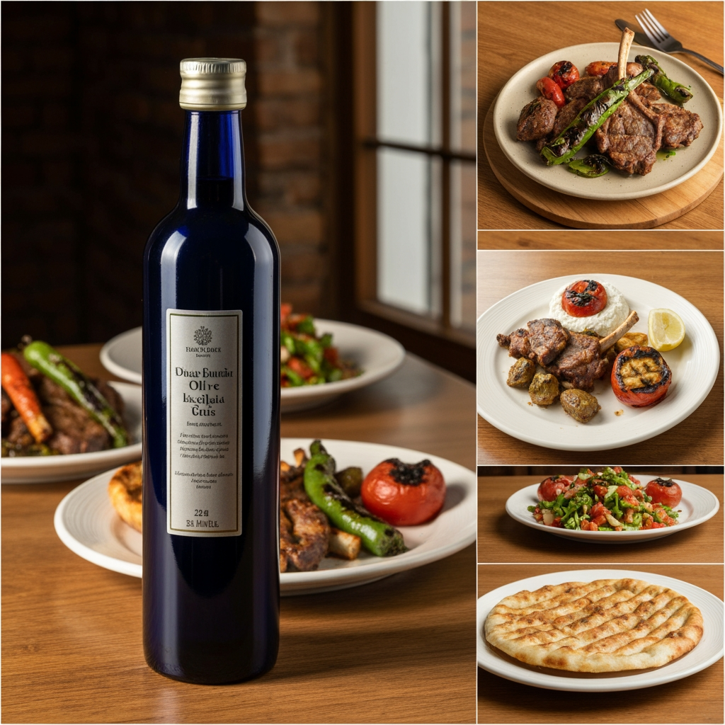 AI Design for This is an olive oil bottle; prepare photos for me featuring my olive oil alongside plates of Anatolian dishes.