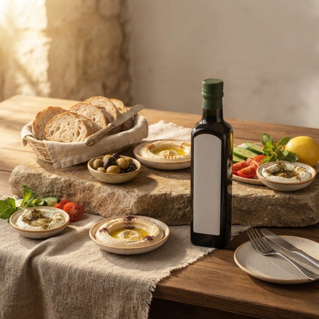 AI Design for Create a premium Anatolive lifestyle image using the existing Gallery images and Brand Guide as visual references.
Create an elegant Mediterranean breakfast table with rustic bread, fresh olives, handmade ceramic plates, linen fabric and natural stone.
Warm morning sunlight enters from the side.
Use the same Anatolive visual language as the existing Gallery.
Natural, authentic, warm, premium and timeless.
Photorealistic high-end editorial food photography.
Leave some clean negative space for future typography.
No text or logos.