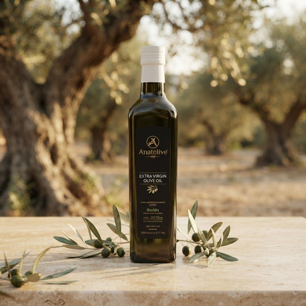 AI Design for Create a premium close-up Anatolive olive oil product photograph using the existing Anatolive Brand Guide and Gallery as visual references.
Use the actual Anatolive bottle from the existing reference images. Preserve the exact bottle shape, dark glass, white cap, Anatolive logo and label design without changing or recreating the packaging.
The bottle stands on a warm natural stone table with olive branches softly surrounding it.
Background: softly blurred ancient olive trees in a Mediterranean Turkish olive grove.
Warm late-afternoon natural sunlight, subtle highlights on the glass bottle, realistic reflections, soft depth of field.
Minimal, elegant and premium composition.
Natural olive green, cream, beige and earthy brown color palette.
Photorealistic high-end commercial product photography.
The Anatolive bottle is the only product and the clear focal point.
No other bottles, no other brands, no text, no redesigned label, no packaging changes.