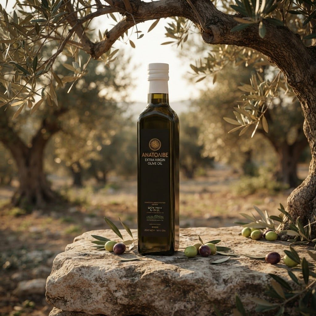 AI Design for Create a premium Anatolive product campaign image using the existing Anatolive Brand Guide and Gallery as visual references.
Use the actual Anatolive olive oil bottle from the existing reference images. Preserve the exact bottle shape, proportions, dark glass, white cap, Anatolive logo, label design and label details. Do not redesign or alter the packaging.
Place the Anatolive bottle naturally on a rustic natural stone surface in an authentic Turkish olive grove.
Ancient olive tree branches should frame the composition. A few fresh green and purple olives should be placed naturally around the bottle.
Warm golden-hour Mediterranean sunlight, soft shadows, earthy olive-green, cream, beige and warm brown tones.
Premium editorial product photography, photorealistic, elegant, authentic, sophisticated and timeless.
The bottle must be the clear hero subject.
No other brands, no additional bottles, no text added to the image, no packaging changes, no artificial colors, no generic stock-photo look.