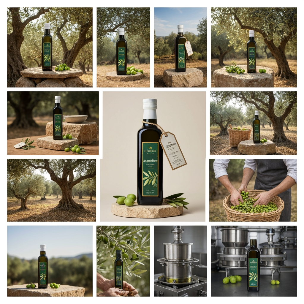 AI Design for Create a large, cohesive premium image library for the Anatolive olive oil brand website.
IMPORTANT PRODUCT RULE:
Use ONLY the Anatolive olive oil bottle from My Assets as the product reference. Preserve the exact bottle shape, proportions, dark glass color, white cap, label design, typography, logo, tag and all packaging details. Do NOT redesign, replace, alter, invent or substitute the bottle. The bottle must remain visually identical to the reference asset in every generated image.
Create a diverse collection of high-end, photorealistic commercial photography for an olive oil website. Every image should feel like part of the same Anatolive brand campaign.
VISUAL STYLE:
- Premium Turkish olive oil brand
- Authentic Mediterranean / Aegean atmosphere
- Natural olive green, deep forest green, warm cream, stone and muted golden tones
- Warm natural sunlight
- Elegant, sophisticated, organic and timeless
- Realistic photography, not illustration
- High-end food and product photography
- Natural textures: olive trees, stone, wood, linen, ceramic, soil
- Clean composition suitable for a professional website
- Avoid excessive luxury or artificial studio aesthetics
CREATE DIFFERENT TYPES OF IMAGES:
1. PRODUCT HERO IMAGES
Anatolive bottle prominently displayed in an authentic olive grove, on natural stone, wooden tables and elegant Mediterranean settings.
2. PRODUCT CLOSE-UPS
Detailed close-up photography of the Anatolive bottle, label, cap, bottle glass and olive branches. Keep the packaging completely accurate.
3. OLIVE GROVE PHOTOGRAPHY
Ancient olive trees, olive branches, green olives, ripe olives, sunlight filtering through leaves, authentic Aegean landscapes.
4. HARVEST PHOTOGRAPHY
Traditional olive harvesting scenes, olives being collected, baskets filled with olives, hands harvesting olives, natural and authentic agricultural atmosphere.
5. OLIVE OIL PRODUCTION
Traditional and modern olive oil production scenes, freshly harvested olives, olive pressing, stainless steel production details, freshly produced golden olive oil.
6. FOOD PHOTOGRAPHY
Anatolive olive oil served with fresh bread, Mediterranean salads, tomatoes, herbs, grilled vegetables, fish, pasta, breakfast dishes and traditional Turkish / Aegean cuisine.
7. TABLE & LIFESTYLE PHOTOGRAPHY
Elegant Mediterranean dining tables featuring Anatolive olive oil naturally integrated into the scene. Use linen, ceramic plates, bread, olives and fresh ingredients.
8. INGREDIENT PHOTOGRAPHY
Fresh olives, olive branches, olive leaves, herbs, tomatoes, bread, lemons and Mediterranean ingredients. Some images should NOT contain the bottle.
9. BRAND STORY IMAGES
Authentic Aegean countryside, olive farmers, olive trees, harvest moments and natural landscapes that communicate tradition, quality and origin.
10. WEBSITE BACKGROUND IMAGES
Wide horizontal compositions with generous negative space for website headlines and text. Keep the main subject positioned to one side when appropriate.
COMPOSITION:
Create a mixture of:
- square images
- vertical product images
- wide horizontal website banner images
- close-ups
- medium shots
- environmental lifestyle photography
Leave clean negative space in some images for website text overlays.
SEO / WEBSITE PURPOSE:
Create visually distinct images that can be used across different website sections such as:
Home page, About Anatolive, Our Olive Oil, Olive Grove, Harvest, Production, Recipes, Products, Quality, Contact and blog articles.
Avoid duplicate compositions. Each image should tell a different visual story while maintaining the same Anatolive brand identity.
DO NOT:
- change the Anatolive bottle
- create another bottle design
- use generic olive oil bottles
- change the label
- change the logo
- change the cap
- add fake text
- create distorted packaging
- create unrealistic olives
- create plastic-looking food
- use excessive HDR
- use cartoon or illustration styles
- create repetitive images
The final collection should look like a professional photography library created specifically for the Anatolive olive oil website.