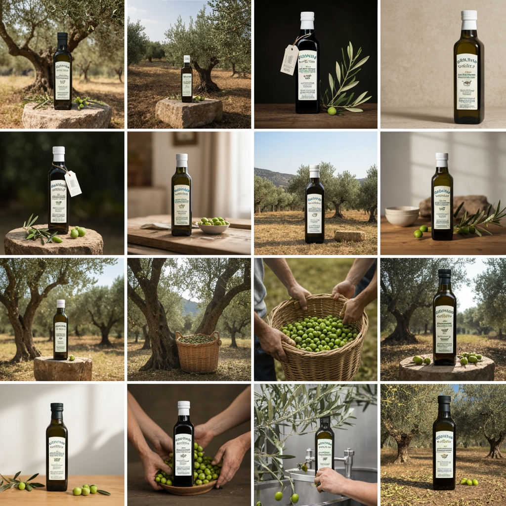 AI Design for Create a large, cohesive premium image library for the Anatolive olive oil brand website.
IMPORTANT PRODUCT RULE:
Use ONLY the Anatolive olive oil bottle from My Assets as the product reference. Preserve the exact bottle shape, proportions, dark glass color, white cap, label design, typography, logo, tag and all packaging details. Do NOT redesign, replace, alter, invent or substitute the bottle. The bottle must remain visually identical to the reference asset in every generated image.
Create a diverse collection of high-end, photorealistic commercial photography for an olive oil website. Every image should feel like part of the same Anatolive brand campaign.
VISUAL STYLE:
- Premium Turkish olive oil brand
- Authentic Mediterranean / Aegean atmosphere
- Natural olive green, deep forest green, warm cream, stone and muted golden tones
- Warm natural sunlight
- Elegant, sophisticated, organic and timeless
- Realistic photography, not illustration
- High-end food and product photography
- Natural textures: olive trees, stone, wood, linen, ceramic, soil
- Clean composition suitable for a professional website
- Avoid excessive luxury or artificial studio aesthetics
CREATE DIFFERENT TYPES OF IMAGES:
1. PRODUCT HERO IMAGES
Anatolive bottle prominently displayed in an authentic olive grove, on natural stone, wooden tables and elegant Mediterranean settings.
2. PRODUCT CLOSE-UPS
Detailed close-up photography of the Anatolive bottle, label, cap, bottle glass and olive branches. Keep the packaging completely accurate.
3. OLIVE GROVE PHOTOGRAPHY
Ancient olive trees, olive branches, green olives, ripe olives, sunlight filtering through leaves, authentic Aegean landscapes.
4. HARVEST PHOTOGRAPHY
Traditional olive harvesting scenes, olives being collected, baskets filled with olives, hands harvesting olives, natural and authentic agricultural atmosphere.
5. OLIVE OIL PRODUCTION
Traditional and modern olive oil production scenes, freshly harvested olives, olive pressing, stainless steel production details, freshly produced golden olive oil.
6. FOOD PHOTOGRAPHY
Anatolive olive oil served with fresh bread, Mediterranean salads, tomatoes, herbs, grilled vegetables, fish, pasta, breakfast dishes and traditional Turkish / Aegean cuisine.
7. TABLE & LIFESTYLE PHOTOGRAPHY
Elegant Mediterranean dining tables featuring Anatolive olive oil naturally integrated into the scene. Use linen, ceramic plates, bread, olives and fresh ingredients.
8. INGREDIENT PHOTOGRAPHY
Fresh olives, olive branches, olive leaves, herbs, tomatoes, bread, lemons and Mediterranean ingredients. Some images should NOT contain the bottle.
9. BRAND STORY IMAGES
Authentic Aegean countryside, olive farmers, olive trees, harvest moments and natural landscapes that communicate tradition, quality and origin.
10. WEBSITE BACKGROUND IMAGES
Wide horizontal compositions with generous negative space for website headlines and text. Keep the main subject positioned to one side when appropriate.
COMPOSITION:
Create a mixture of:
- square images
- vertical product images
- wide horizontal website banner images
- close-ups
- medium shots
- environmental lifestyle photography
Leave clean negative space in some images for website text overlays.
SEO / WEBSITE PURPOSE:
Create visually distinct images that can be used across different website sections such as:
Home page, About Anatolive, Our Olive Oil, Olive Grove, Harvest, Production, Recipes, Products, Quality, Contact and blog articles.
Avoid duplicate compositions. Each image should tell a different visual story while maintaining the same Anatolive brand identity.
DO NOT:
- change the Anatolive bottle
- create another bottle design
- use generic olive oil bottles
- change the label
- change the logo
- change the cap
- add fake text
- create distorted packaging
- create unrealistic olives
- create plastic-looking food
- use excessive HDR
- use cartoon or illustration styles
- create repetitive images
The final collection should look like a professional photography library created specifically for the Anatolive olive oil website.