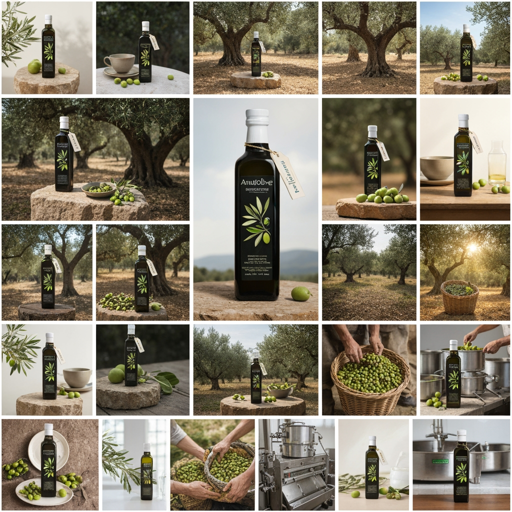 AI Design for Create a large, cohesive premium image library for the Anatolive olive oil brand website.
IMPORTANT PRODUCT RULE:
Use ONLY the Anatolive olive oil bottle from My Assets as the product reference. Preserve the exact bottle shape, proportions, dark glass color, white cap, label design, typography, logo, tag and all packaging details. Do NOT redesign, replace, alter, invent or substitute the bottle. The bottle must remain visually identical to the reference asset in every generated image.
Create a diverse collection of high-end, photorealistic commercial photography for an olive oil website. Every image should feel like part of the same Anatolive brand campaign.
VISUAL STYLE:
- Premium Turkish olive oil brand
- Authentic Mediterranean / Aegean atmosphere
- Natural olive green, deep forest green, warm cream, stone and muted golden tones
- Warm natural sunlight
- Elegant, sophisticated, organic and timeless
- Realistic photography, not illustration
- High-end food and product photography
- Natural textures: olive trees, stone, wood, linen, ceramic, soil
- Clean composition suitable for a professional website
- Avoid excessive luxury or artificial studio aesthetics
CREATE DIFFERENT TYPES OF IMAGES:
1. PRODUCT HERO IMAGES
Anatolive bottle prominently displayed in an authentic olive grove, on natural stone, wooden tables and elegant Mediterranean settings.
2. PRODUCT CLOSE-UPS
Detailed close-up photography of the Anatolive bottle, label, cap, bottle glass and olive branches. Keep the packaging completely accurate.
3. OLIVE GROVE PHOTOGRAPHY
Ancient olive trees, olive branches, green olives, ripe olives, sunlight filtering through leaves, authentic Aegean landscapes.
4. HARVEST PHOTOGRAPHY
Traditional olive harvesting scenes, olives being collected, baskets filled with olives, hands harvesting olives, natural and authentic agricultural atmosphere.
5. OLIVE OIL PRODUCTION
Traditional and modern olive oil production scenes, freshly harvested olives, olive pressing, stainless steel production details, freshly produced golden olive oil.
6. FOOD PHOTOGRAPHY
Anatolive olive oil served with fresh bread, Mediterranean salads, tomatoes, herbs, grilled vegetables, fish, pasta, breakfast dishes and traditional Turkish / Aegean cuisine.
7. TABLE & LIFESTYLE PHOTOGRAPHY
Elegant Mediterranean dining tables featuring Anatolive olive oil naturally integrated into the scene. Use linen, ceramic plates, bread, olives and fresh ingredients.
8. INGREDIENT PHOTOGRAPHY
Fresh olives, olive branches, olive leaves, herbs, tomatoes, bread, lemons and Mediterranean ingredients. Some images should NOT contain the bottle.
9. BRAND STORY IMAGES
Authentic Aegean countryside, olive farmers, olive trees, harvest moments and natural landscapes that communicate tradition, quality and origin.
10. WEBSITE BACKGROUND IMAGES
Wide horizontal compositions with generous negative space for website headlines and text. Keep the main subject positioned to one side when appropriate.
COMPOSITION:
Create a mixture of:
- square images
- vertical product images
- wide horizontal website banner images
- close-ups
- medium shots
- environmental lifestyle photography
Leave clean negative space in some images for website text overlays.
SEO / WEBSITE PURPOSE:
Create visually distinct images that can be used across different website sections such as:
Home page, About Anatolive, Our Olive Oil, Olive Grove, Harvest, Production, Recipes, Products, Quality, Contact and blog articles.
Avoid duplicate compositions. Each image should tell a different visual story while maintaining the same Anatolive brand identity.
DO NOT:
- change the Anatolive bottle
- create another bottle design
- use generic olive oil bottles
- change the label
- change the logo
- change the cap
- add fake text
- create distorted packaging
- create unrealistic olives
- create plastic-looking food
- use excessive HDR
- use cartoon or illustration styles
- create repetitive images
The final collection should look like a professional photography library created specifically for the Anatolive olive oil website.