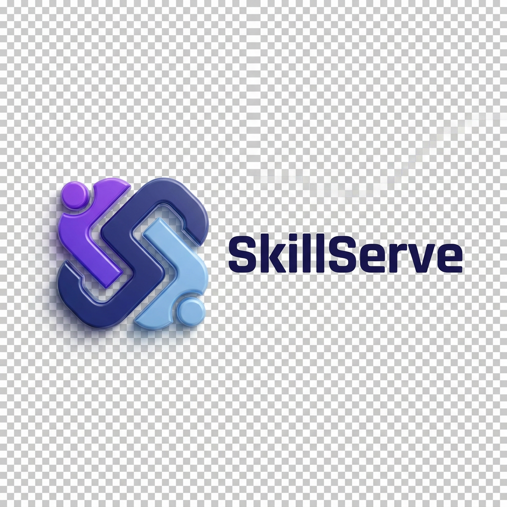 AI Design for Create an iconic premium 3D logo for “SkillServe”, a technology marketplace connecting customers with skilled local service professionals.
Design a unique abstract symbol made from three interlocking rounded geometric forms. The forms should subtly create an “S” silhouette while representing people, skills, and connection.
The logo should NOT literally depict a person, wrench, house, toolbox, handshake, or location pin. Instead, communicate the meaning through abstract geometry and negative space.
Make the symbol compact, bold, symmetrical, and instantly recognizable. It should look excellent at both 32px and large sizes.
Use a sophisticated combination of deep indigo, electric purple, and soft sky blue. Smooth premium 3D material, subtle glass-like highlights, controlled shadows, elegant bevels, clean studio lighting.
Pair the icon with a bold modern geometric “SkillServe” wordmark.
Overall aesthetic: Stripe-level simplicity, modern fintech/SaaS quality, premium startup identity, memorable, trustworthy, innovative.
Transparent background.
No tagline.
No extra text.
No mockup.