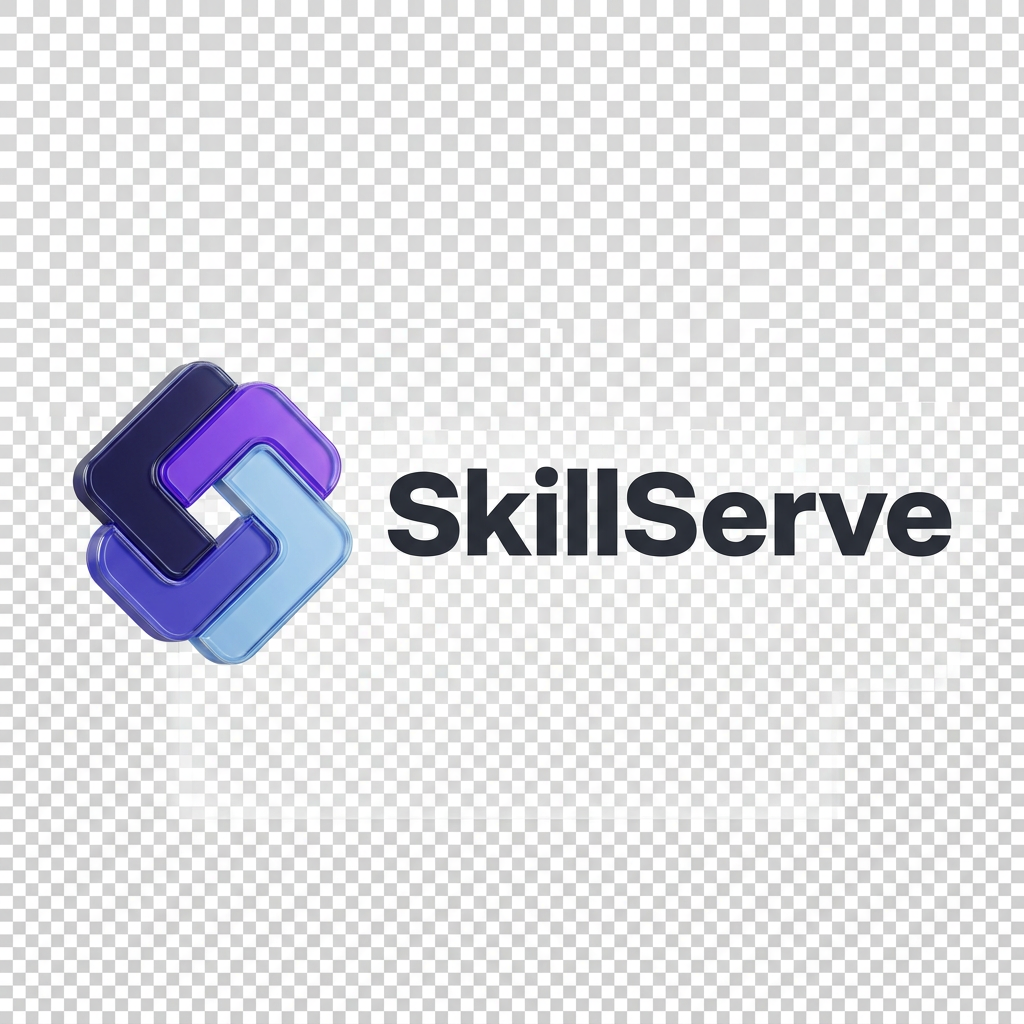 AI Design for Create an iconic premium 3D logo for “SkillServe”, a technology marketplace connecting customers with skilled local service professionals.
Design a unique abstract symbol made from three interlocking rounded geometric forms. The forms should subtly create an “S” silhouette while representing people, skills, and connection.
The logo should NOT literally depict a person, wrench, house, toolbox, handshake, or location pin. Instead, communicate the meaning through abstract geometry and negative space.
Make the symbol compact, bold, symmetrical, and instantly recognizable. It should look excellent at both 32px and large sizes.
Use a sophisticated combination of deep indigo, electric purple, and soft sky blue. Smooth premium 3D material, subtle glass-like highlights, controlled shadows, elegant bevels, clean studio lighting.
Pair the icon with a bold modern geometric “SkillServe” wordmark.
Overall aesthetic: Stripe-level simplicity, modern fintech/SaaS quality, premium startup identity, memorable, trustworthy, innovative.
Transparent background.
No tagline.
No extra text.
No mockup.