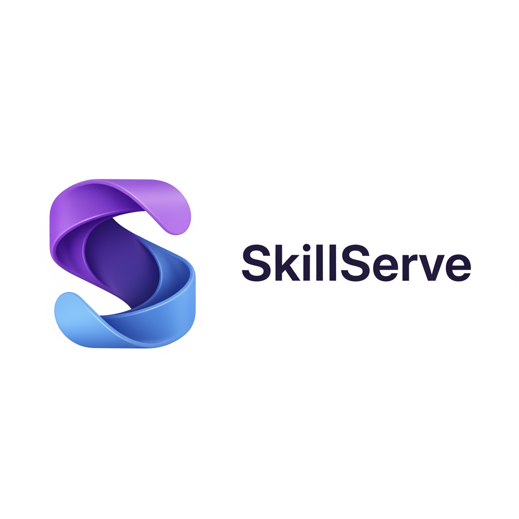 AI Design for Design a premium, highly distinctive 3D logo for a modern local-services marketplace named “SkillServe”.
Create a compact standalone symbol inspired by a flowing bridge or connection, where two smooth geometric ribbons subtly form the letter “S”. The two ribbons represent “Skill” and “Serve” coming together to connect customers with skilled professionals.
The symbol should feel intelligent, reliable, innovative, and premium. Use smooth 3D geometry with elegant rounded edges, subtle beveling, realistic but minimal depth, and controlled studio lighting.
Color palette:
deep indigo #4338CA,
vibrant purple #6D4AFF,
soft blue #60A5FA,
with very subtle highlights.
Create a strong recognizable silhouette that works perfectly as a mobile app icon and favicon even without the wordmark.
Add a clean modern “SkillServe” wordmark beside the symbol using a bold geometric sans-serif typeface. Make “SkillServe” one word, not two separate words.
Visual style: premium technology startup, modern SaaS platform, sophisticated 3D branding, clean geometry, minimal, elegant, trustworthy.
No wrench.
No hammer.
No toolbox.
No house icon.
No generic location pin.
No handshake.
No human mascot.
No excessive details.
No tagline.
No extra text.
No circular badge.
No mockup.
Transparent background. Centered composition. Professional brand identity suitable for a real technology company.