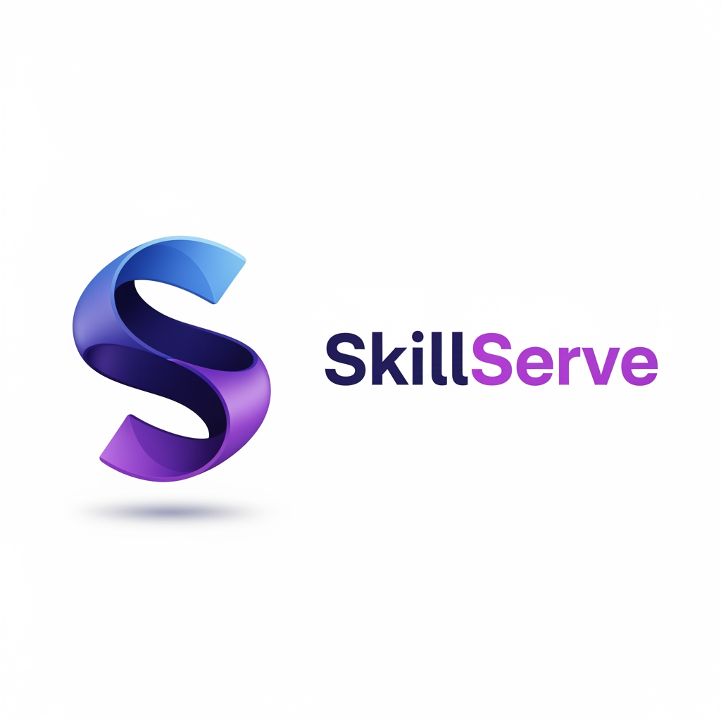 AI Design for Design a premium, highly distinctive 3D logo for a modern local-services marketplace named “SkillServe”.
Create a compact standalone symbol inspired by a flowing bridge or connection, where two smooth geometric ribbons subtly form the letter “S”. The two ribbons represent “Skill” and “Serve” coming together to connect customers with skilled professionals.
The symbol should feel intelligent, reliable, innovative, and premium. Use smooth 3D geometry with elegant rounded edges, subtle beveling, realistic but minimal depth, and controlled studio lighting.
Color palette:
deep indigo #4338CA,
vibrant purple #6D4AFF,
soft blue #60A5FA,
with very subtle highlights.
Create a strong recognizable silhouette that works perfectly as a mobile app icon and favicon even without the wordmark.
Add a clean modern “SkillServe” wordmark beside the symbol using a bold geometric sans-serif typeface. Make “SkillServe” one word, not two separate words.
Visual style: premium technology startup, modern SaaS platform, sophisticated 3D branding, clean geometry, minimal, elegant, trustworthy.
No wrench.
No hammer.
No toolbox.
No house icon.
No generic location pin.
No handshake.
No human mascot.
No excessive details.
No tagline.
No extra text.
No circular badge.
No mockup.
Transparent background. Centered composition. Professional brand identity suitable for a real technology company.