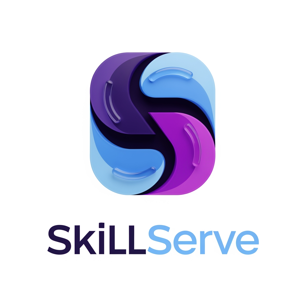 AI Design for Create an iconic premium 3D logo for “SkillServe”, a technology marketplace connecting customers with skilled local service professionals.
Design a unique abstract symbol made from three interlocking rounded geometric forms. The forms should subtly create an “S” silhouette while representing people, skills, and connection.
The logo should NOT literally depict a person, wrench, house, toolbox, handshake, or location pin. Instead, communicate the meaning through abstract geometry and negative space.
Make the symbol compact, bold, symmetrical, and instantly recognizable. It should look excellent at both 32px and large sizes.
Use a sophisticated combination of deep indigo, electric purple, and soft sky blue. Smooth premium 3D material, subtle glass-like highlights, controlled shadows, elegant bevels, clean studio lighting.
Pair the icon with a bold modern geometric “SkillServe” wordmark.
Overall aesthetic: Stripe-level simplicity, modern fintech/SaaS quality, premium startup identity, memorable, trustworthy, innovative.
Transparent background.
No tagline.
No extra text.
No mockup.