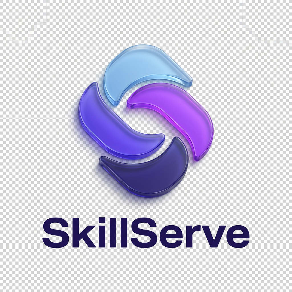 AI Design for Create an iconic premium 3D logo for “SkillServe”, a technology marketplace connecting customers with skilled local service professionals.
Design a unique abstract symbol made from three interlocking rounded geometric forms. The forms should subtly create an “S” silhouette while representing people, skills, and connection.
The logo should NOT literally depict a person, wrench, house, toolbox, handshake, or location pin. Instead, communicate the meaning through abstract geometry and negative space.
Make the symbol compact, bold, symmetrical, and instantly recognizable. It should look excellent at both 32px and large sizes.
Use a sophisticated combination of deep indigo, electric purple, and soft sky blue. Smooth premium 3D material, subtle glass-like highlights, controlled shadows, elegant bevels, clean studio lighting.
Pair the icon with a bold modern geometric “SkillServe” wordmark.
Overall aesthetic: Stripe-level simplicity, modern fintech/SaaS quality, premium startup identity, memorable, trustworthy, innovative.
Transparent background.
No tagline.
No extra text.
No mockup.