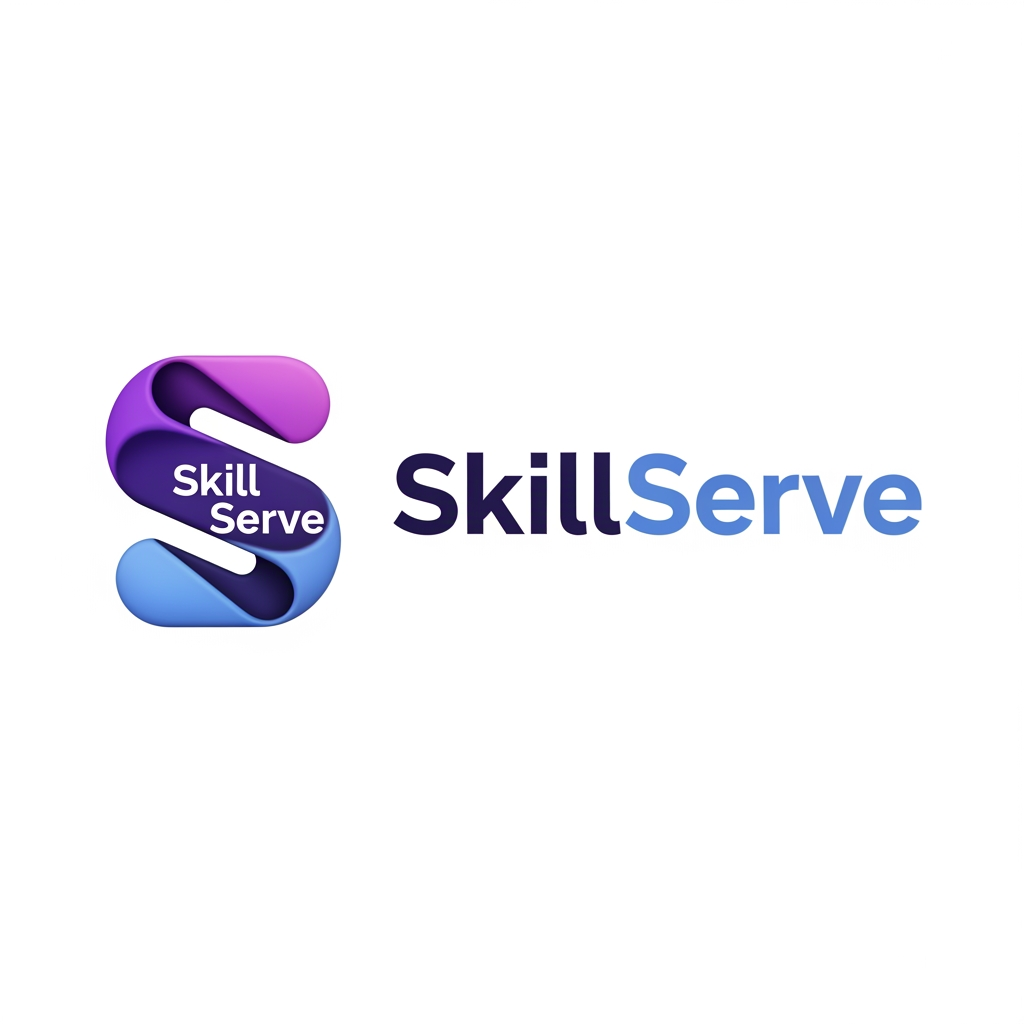 AI Design for Design a premium, highly distinctive 3D logo for a modern local-services marketplace named “SkillServe”.
Create a compact standalone symbol inspired by a flowing bridge or connection, where two smooth geometric ribbons subtly form the letter “S”. The two ribbons represent “Skill” and “Serve” coming together to connect customers with skilled professionals.
The symbol should feel intelligent, reliable, innovative, and premium. Use smooth 3D geometry with elegant rounded edges, subtle beveling, realistic but minimal depth, and controlled studio lighting.
Color palette:
deep indigo #4338CA,
vibrant purple #6D4AFF,
soft blue #60A5FA,
with very subtle highlights.
Create a strong recognizable silhouette that works perfectly as a mobile app icon and favicon even without the wordmark.
Add a clean modern “SkillServe” wordmark beside the symbol using a bold geometric sans-serif typeface. Make “SkillServe” one word, not two separate words.
Visual style: premium technology startup, modern SaaS platform, sophisticated 3D branding, clean geometry, minimal, elegant, trustworthy.
No wrench.
No hammer.
No toolbox.
No house icon.
No generic location pin.
No handshake.
No human mascot.
No excessive details.
No tagline.
No extra text.
No circular badge.
No mockup.
Transparent background. Centered composition. Professional brand identity suitable for a real technology company.