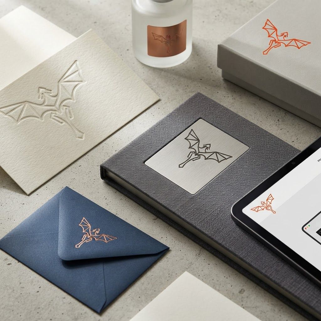 AI Design for Brand application mockup concept for Visualize the geometric dragon logo on premium stationery and merchandise, focusing on embossed textures and clean, professional layouts for a high-end personal brand.. Multiple branded touchpoints in one refined composition, such as stationery, packaging, digital screen, signage, or apparel, realistic materials, no invented readable copy.
Incorporate the attached brand element reference image (Reference A: brand element "Geometric Dragon") into the composition where natural — preserve the depicted brand element's appearance.