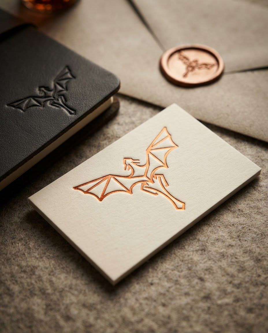 AI Design for Macro detail photograph concept for Visualize the geometric dragon logo on premium stationery and merchandise, focusing on embossed textures and clean, professional layouts for a high-end personal brand., highlighting material quality, finish, texture, or a signature product detail. Premium close-up lighting, tactile realism, shallow depth of field.
Incorporate the attached brand element reference image (Reference A: brand element "Geometric Dragon") into the composition where natural — preserve the depicted brand element's appearance.