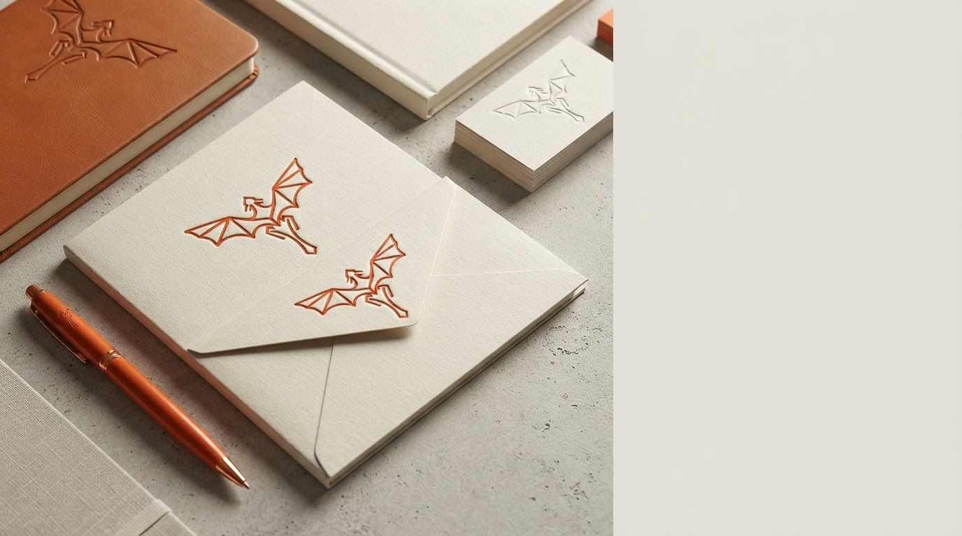 AI Design for Wide campaign hero photograph concept for Visualize the geometric dragon logo on premium stationery and merchandise, focusing on embossed textures and clean, professional layouts for a high-end personal brand.. Premium advertising composition with a clear focal product, cinematic lighting, clean negative space on one side for copy to be added later, no rendered words.
Incorporate the attached brand element reference image (Reference A: brand element "Geometric Dragon") into the composition where natural — preserve the depicted brand element's appearance.