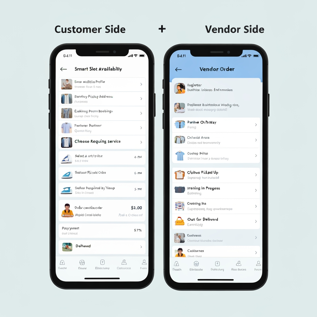AI Design for Customer + Vendor Mobile App
This is one mobile application with role-based access, where the user selects or is assigned a Customer or Vendor role. The Customer experience is focused on booking and tracking ironing services, while the Vendor experience is focused on receiving, processing, and completing ironing orders.
👤 Customer Side
Customers can register and log in, manage their profile, save multiple pickup addresses, select the clothes they want to iron, specify quantities, choose the required ironing service, and select a preferred pickup date and time. The app uses a smart slot availability system that checks delivery-partner availability, existing bookings, partner workload, travel time, vendor capacity, and service areas before displaying available slots. If the customer requests a 6–7 PM slot but there is no delivery capacity, the app automatically shows feasible alternatives such as 4–5 PM or 5–6 PM instead of allowing an unavailable booking.
After selecting a valid slot, the customer reviews the complete order, sees the pricing breakdown, applies a coupon if available, and completes the payment. Once payment is confirmed, the order is created and a delivery partner is assigned for pickup. The customer can track the order throughout the entire journey: Order Confirmed → Partner Assigned → Partner On The Way → Clothes Picked Up → Clothes Received by Vendor → Ironing in Progress → Ironing Completed → Out for Delivery → Delivered.
Customers also receive push notifications, can view order history, cancel eligible orders, raise complaints, contact support, rate the service, and manage their profile and saved addresses.
🏪 Vendor Side
Vendors use the same application with a separate Vendor dashboard. Vendors can register their business, provide business information, upload verification documents, configure their service area and working hours, and wait for admin approval.
Once approved, vendors receive new ironing orders through the app. They can view customer/order information, clothing quantities, pickup slot, expected processing requirements, and earnings before accepting or rejecting the order. Once the delivery partner brings the clothes, the vendor verifies the quantity and condition against the order.
The vendor then starts the ironing process and updates the order through stages such as Received → Processing → Quality Check → Completed/Ready. After ironing is completed, the vendor requests a drop pickup. Once a delivery partner is assigned, the vendor prepares and hands over the clothes, confirms the handover, and the order moves to delivery.
Vendors can also manage their order history, earnings, settlements, notifications, business profile, documents, and support requests. app logo