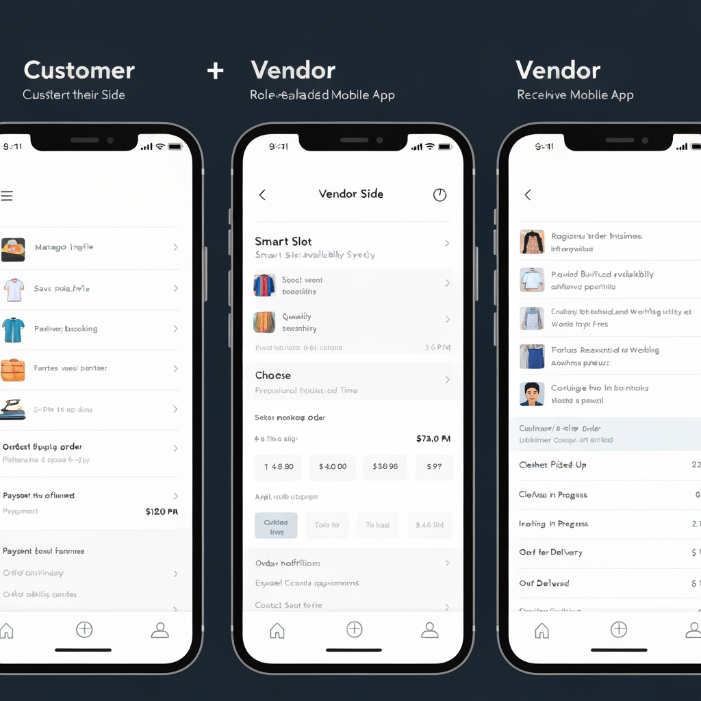 AI Design for Customer + Vendor Mobile App
This is one mobile application with role-based access, where the user selects or is assigned a Customer or Vendor role. The Customer experience is focused on booking and tracking ironing services, while the Vendor experience is focused on receiving, processing, and completing ironing orders.
👤 Customer Side
Customers can register and log in, manage their profile, save multiple pickup addresses, select the clothes they want to iron, specify quantities, choose the required ironing service, and select a preferred pickup date and time. The app uses a smart slot availability system that checks delivery-partner availability, existing bookings, partner workload, travel time, vendor capacity, and service areas before displaying available slots. If the customer requests a 6–7 PM slot but there is no delivery capacity, the app automatically shows feasible alternatives such as 4–5 PM or 5–6 PM instead of allowing an unavailable booking.
After selecting a valid slot, the customer reviews the complete order, sees the pricing breakdown, applies a coupon if available, and completes the payment. Once payment is confirmed, the order is created and a delivery partner is assigned for pickup. The customer can track the order throughout the entire journey: Order Confirmed → Partner Assigned → Partner On The Way → Clothes Picked Up → Clothes Received by Vendor → Ironing in Progress → Ironing Completed → Out for Delivery → Delivered.
Customers also receive push notifications, can view order history, cancel eligible orders, raise complaints, contact support, rate the service, and manage their profile and saved addresses.
🏪 Vendor Side
Vendors use the same application with a separate Vendor dashboard. Vendors can register their business, provide business information, upload verification documents, configure their service area and working hours, and wait for admin approval.
Once approved, vendors receive new ironing orders through the app. They can view customer/order information, clothing quantities, pickup slot, expected processing requirements, and earnings before accepting or rejecting the order. Once the delivery partner brings the clothes, the vendor verifies the quantity and condition against the order.
The vendor then starts the ironing process and updates the order through stages such as Received → Processing → Quality Check → Completed/Ready. After ironing is completed, the vendor requests a drop pickup. Once a delivery partner is assigned, the vendor prepares and hands over the clothes, confirms the handover, and the order moves to delivery.
Vendors can also manage their order history, earnings, settlements, notifications, business profile, documents, and support requests. app logo