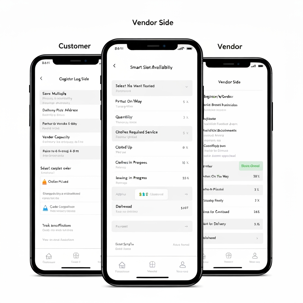 AI Design for Customer + Vendor Mobile App
This is one mobile application with role-based access, where the user selects or is assigned a Customer or Vendor role. The Customer experience is focused on booking and tracking ironing services, while the Vendor experience is focused on receiving, processing, and completing ironing orders.
👤 Customer Side
Customers can register and log in, manage their profile, save multiple pickup addresses, select the clothes they want to iron, specify quantities, choose the required ironing service, and select a preferred pickup date and time. The app uses a smart slot availability system that checks delivery-partner availability, existing bookings, partner workload, travel time, vendor capacity, and service areas before displaying available slots. If the customer requests a 6–7 PM slot but there is no delivery capacity, the app automatically shows feasible alternatives such as 4–5 PM or 5–6 PM instead of allowing an unavailable booking.
After selecting a valid slot, the customer reviews the complete order, sees the pricing breakdown, applies a coupon if available, and completes the payment. Once payment is confirmed, the order is created and a delivery partner is assigned for pickup. The customer can track the order throughout the entire journey: Order Confirmed → Partner Assigned → Partner On The Way → Clothes Picked Up → Clothes Received by Vendor → Ironing in Progress → Ironing Completed → Out for Delivery → Delivered.
Customers also receive push notifications, can view order history, cancel eligible orders, raise complaints, contact support, rate the service, and manage their profile and saved addresses.
🏪 Vendor Side
Vendors use the same application with a separate Vendor dashboard. Vendors can register their business, provide business information, upload verification documents, configure their service area and working hours, and wait for admin approval.
Once approved, vendors receive new ironing orders through the app. They can view customer/order information, clothing quantities, pickup slot, expected processing requirements, and earnings before accepting or rejecting the order. Once the delivery partner brings the clothes, the vendor verifies the quantity and condition against the order.
The vendor then starts the ironing process and updates the order through stages such as Received → Processing → Quality Check → Completed/Ready. After ironing is completed, the vendor requests a drop pickup. Once a delivery partner is assigned, the vendor prepares and hands over the clothes, confirms the handover, and the order moves to delivery.
Vendors can also manage their order history, earnings, settlements, notifications, business profile, documents, and support requests. app logo