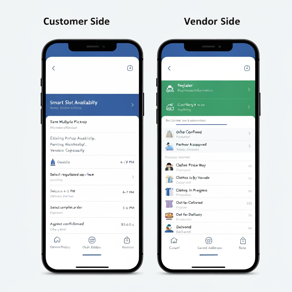 AI Design for Customer + Vendor Mobile App
This is one mobile application with role-based access, where the user selects or is assigned a Customer or Vendor role. The Customer experience is focused on booking and tracking ironing services, while the Vendor experience is focused on receiving, processing, and completing ironing orders.
👤 Customer Side
Customers can register and log in, manage their profile, save multiple pickup addresses, select the clothes they want to iron, specify quantities, choose the required ironing service, and select a preferred pickup date and time. The app uses a smart slot availability system that checks delivery-partner availability, existing bookings, partner workload, travel time, vendor capacity, and service areas before displaying available slots. If the customer requests a 6–7 PM slot but there is no delivery capacity, the app automatically shows feasible alternatives such as 4–5 PM or 5–6 PM instead of allowing an unavailable booking.
After selecting a valid slot, the customer reviews the complete order, sees the pricing breakdown, applies a coupon if available, and completes the payment. Once payment is confirmed, the order is created and a delivery partner is assigned for pickup. The customer can track the order throughout the entire journey: Order Confirmed → Partner Assigned → Partner On The Way → Clothes Picked Up → Clothes Received by Vendor → Ironing in Progress → Ironing Completed → Out for Delivery → Delivered.
Customers also receive push notifications, can view order history, cancel eligible orders, raise complaints, contact support, rate the service, and manage their profile and saved addresses.
🏪 Vendor Side
Vendors use the same application with a separate Vendor dashboard. Vendors can register their business, provide business information, upload verification documents, configure their service area and working hours, and wait for admin approval.
Once approved, vendors receive new ironing orders through the app. They can view customer/order information, clothing quantities, pickup slot, expected processing requirements, and earnings before accepting or rejecting the order. Once the delivery partner brings the clothes, the vendor verifies the quantity and condition against the order.
The vendor then starts the ironing process and updates the order through stages such as Received → Processing → Quality Check → Completed/Ready. After ironing is completed, the vendor requests a drop pickup. Once a delivery partner is assigned, the vendor prepares and hands over the clothes, confirms the handover, and the order moves to delivery.
Vendors can also manage their order history, earnings, settlements, notifications, business profile, documents, and support requests. app logo