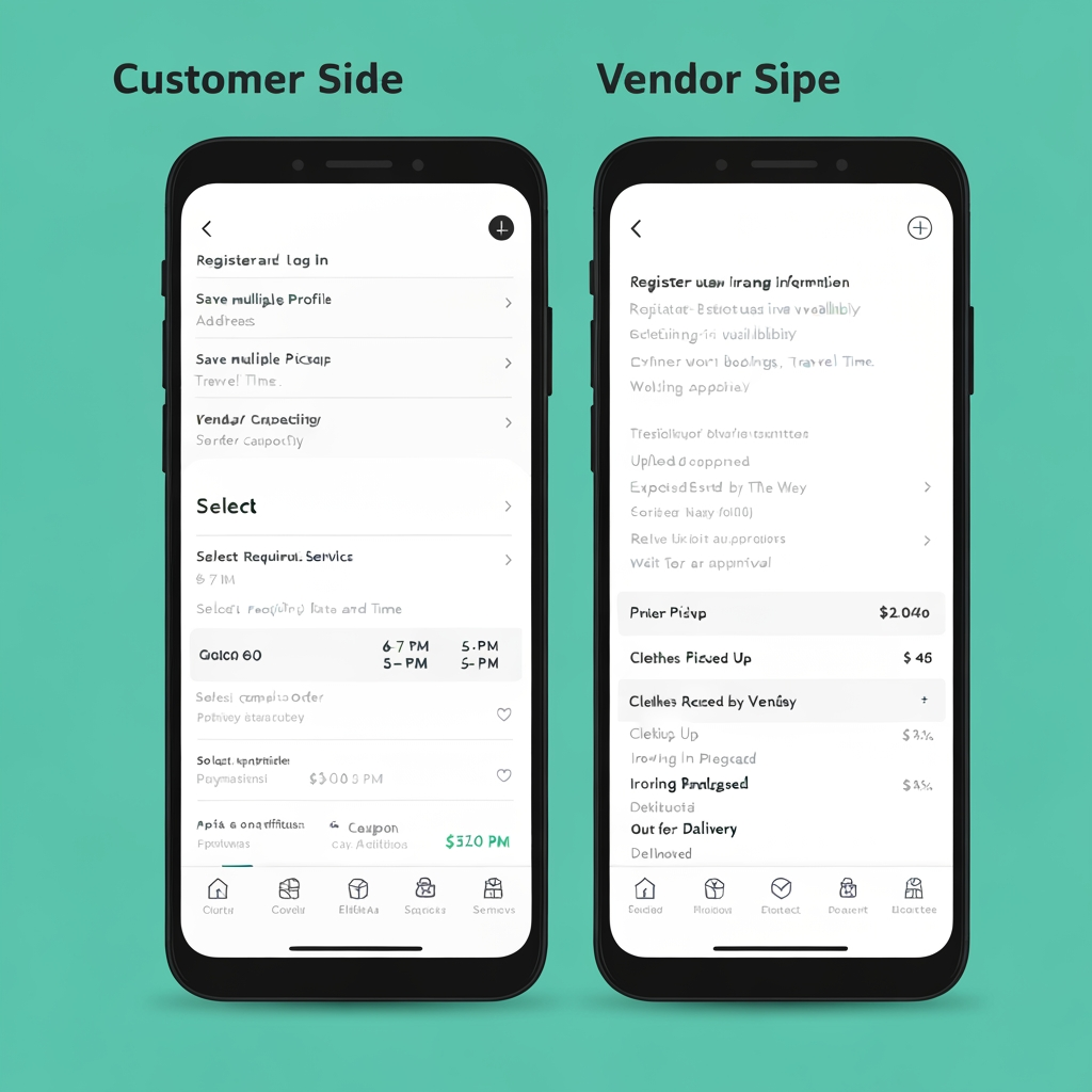 AI Design for Customer + Vendor Mobile App
This is one mobile application with role-based access, where the user selects or is assigned a Customer or Vendor role. The Customer experience is focused on booking and tracking ironing services, while the Vendor experience is focused on receiving, processing, and completing ironing orders.
👤 Customer Side
Customers can register and log in, manage their profile, save multiple pickup addresses, select the clothes they want to iron, specify quantities, choose the required ironing service, and select a preferred pickup date and time. The app uses a smart slot availability system that checks delivery-partner availability, existing bookings, partner workload, travel time, vendor capacity, and service areas before displaying available slots. If the customer requests a 6–7 PM slot but there is no delivery capacity, the app automatically shows feasible alternatives such as 4–5 PM or 5–6 PM instead of allowing an unavailable booking.
After selecting a valid slot, the customer reviews the complete order, sees the pricing breakdown, applies a coupon if available, and completes the payment. Once payment is confirmed, the order is created and a delivery partner is assigned for pickup. The customer can track the order throughout the entire journey: Order Confirmed → Partner Assigned → Partner On The Way → Clothes Picked Up → Clothes Received by Vendor → Ironing in Progress → Ironing Completed → Out for Delivery → Delivered.
Customers also receive push notifications, can view order history, cancel eligible orders, raise complaints, contact support, rate the service, and manage their profile and saved addresses.
🏪 Vendor Side
Vendors use the same application with a separate Vendor dashboard. Vendors can register their business, provide business information, upload verification documents, configure their service area and working hours, and wait for admin approval.
Once approved, vendors receive new ironing orders through the app. They can view customer/order information, clothing quantities, pickup slot, expected processing requirements, and earnings before accepting or rejecting the order. Once the delivery partner brings the clothes, the vendor verifies the quantity and condition against the order.
The vendor then starts the ironing process and updates the order through stages such as Received → Processing → Quality Check → Completed/Ready. After ironing is completed, the vendor requests a drop pickup. Once a delivery partner is assigned, the vendor prepares and hands over the clothes, confirms the handover, and the order moves to delivery.
Vendors can also manage their order history, earnings, settlements, notifications, business profile, documents, and support requests. app logo