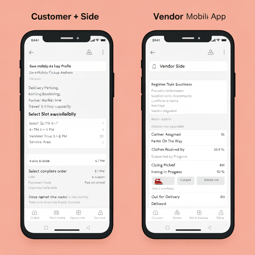 AI Design for Customer + Vendor Mobile App
This is one mobile application with role-based access, where the user selects or is assigned a Customer or Vendor role. The Customer experience is focused on booking and tracking ironing services, while the Vendor experience is focused on receiving, processing, and completing ironing orders.
👤 Customer Side
Customers can register and log in, manage their profile, save multiple pickup addresses, select the clothes they want to iron, specify quantities, choose the required ironing service, and select a preferred pickup date and time. The app uses a smart slot availability system that checks delivery-partner availability, existing bookings, partner workload, travel time, vendor capacity, and service areas before displaying available slots. If the customer requests a 6–7 PM slot but there is no delivery capacity, the app automatically shows feasible alternatives such as 4–5 PM or 5–6 PM instead of allowing an unavailable booking.
After selecting a valid slot, the customer reviews the complete order, sees the pricing breakdown, applies a coupon if available, and completes the payment. Once payment is confirmed, the order is created and a delivery partner is assigned for pickup. The customer can track the order throughout the entire journey: Order Confirmed → Partner Assigned → Partner On The Way → Clothes Picked Up → Clothes Received by Vendor → Ironing in Progress → Ironing Completed → Out for Delivery → Delivered.
Customers also receive push notifications, can view order history, cancel eligible orders, raise complaints, contact support, rate the service, and manage their profile and saved addresses.
🏪 Vendor Side
Vendors use the same application with a separate Vendor dashboard. Vendors can register their business, provide business information, upload verification documents, configure their service area and working hours, and wait for admin approval.
Once approved, vendors receive new ironing orders through the app. They can view customer/order information, clothing quantities, pickup slot, expected processing requirements, and earnings before accepting or rejecting the order. Once the delivery partner brings the clothes, the vendor verifies the quantity and condition against the order.
The vendor then starts the ironing process and updates the order through stages such as Received → Processing → Quality Check → Completed/Ready. After ironing is completed, the vendor requests a drop pickup. Once a delivery partner is assigned, the vendor prepares and hands over the clothes, confirms the handover, and the order moves to delivery.
Vendors can also manage their order history, earnings, settlements, notifications, business profile, documents, and support requests. app logo