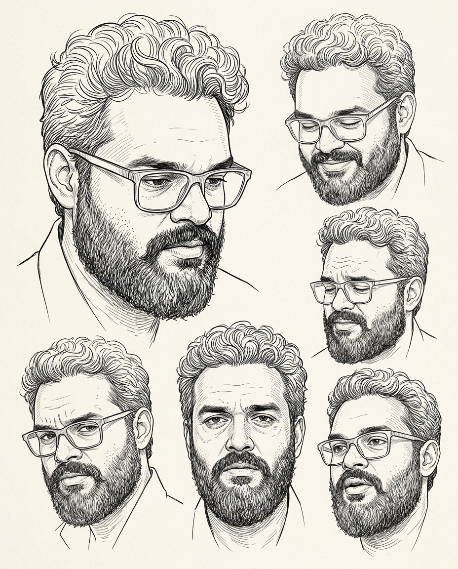 AI Design for create a highly detailed clean lineart illustration showing a set of expressions of the same person's face shown in the first reference image in the exact same art style as the second and third image , ensure the facial expressions are not too animated, they must evoke depth and emotion
