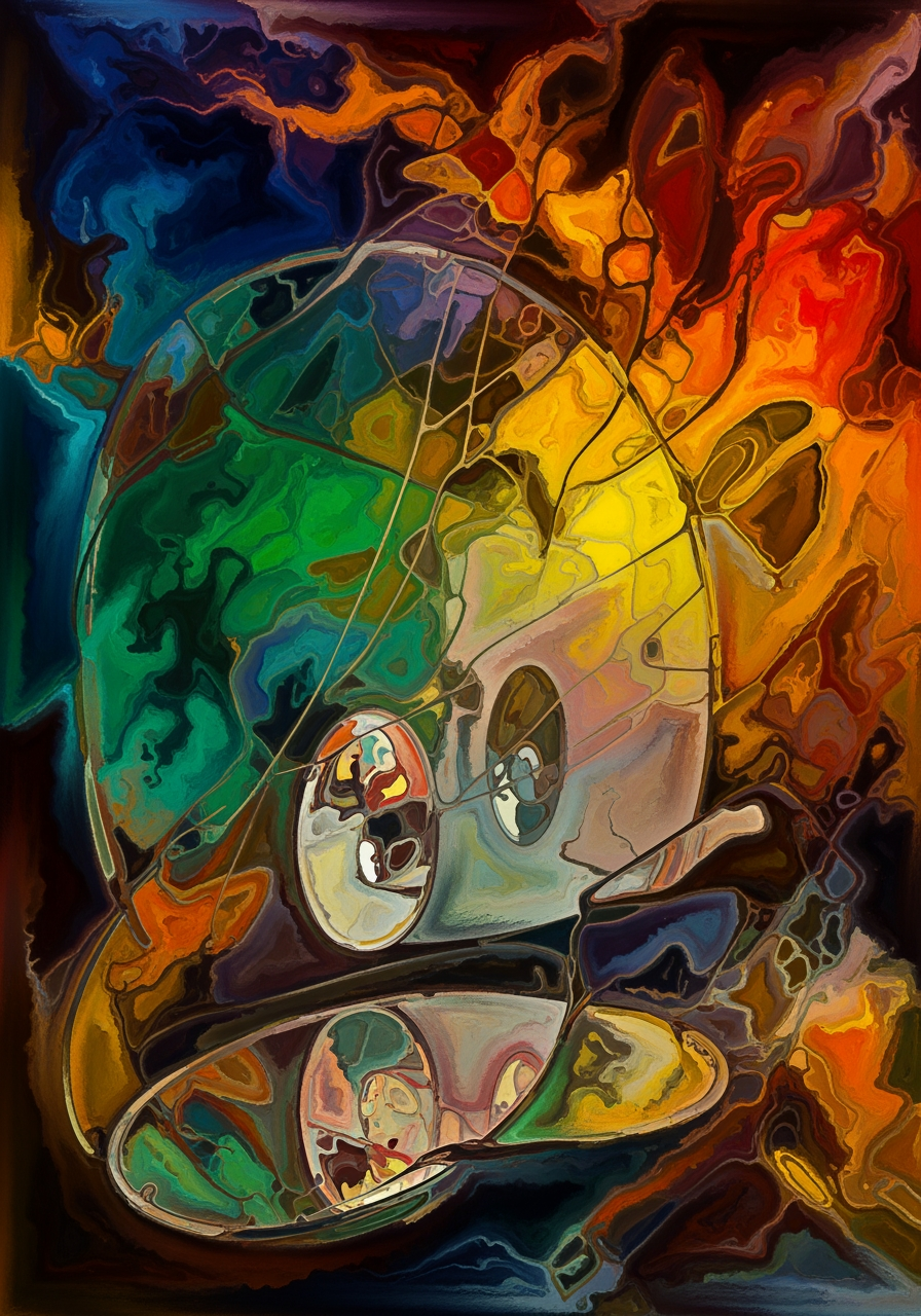 AI Design for create a new artwork similar that is based on the concept of 'mirror'' , painterly, surreal, abstract colourful poetic artwork. dont copy reference image only follow textures