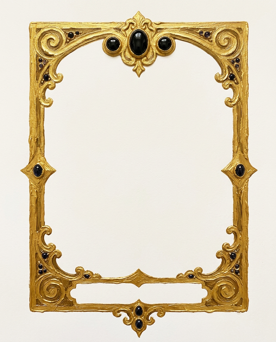 AI Design for create a minimal painterly oil paint textured frame like the one in the first image but the frame will look like the gold accents in the second image. make it unique and bold. only gold accent frame on solid white background. the design will look hand drawn and minimal, with space in the bottom for  text like in first image