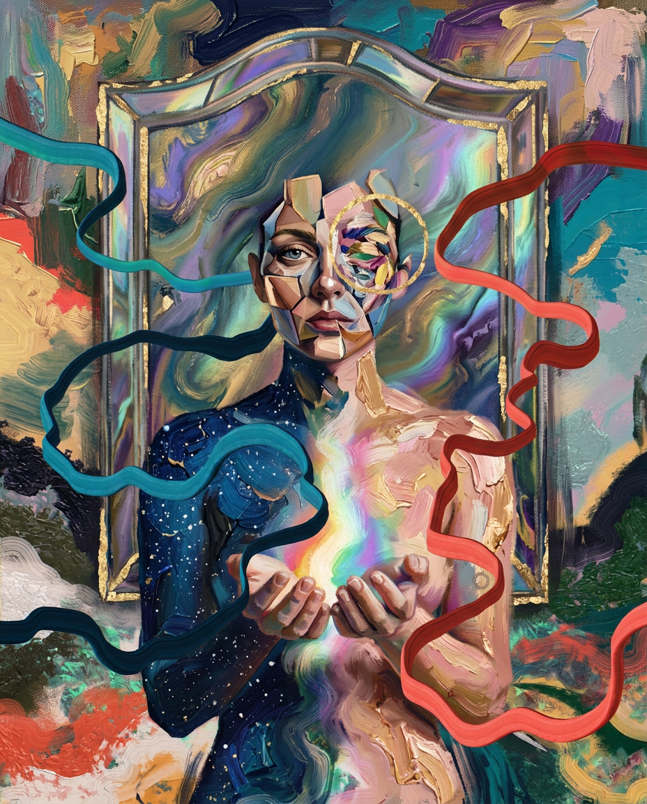 AI Design for create a new artwork similar to the art style of the reference image that is based on the concept of 'mirror'' , painterly, surreal, abstract colourful poetic artwork. dont copy reference image only follow textures