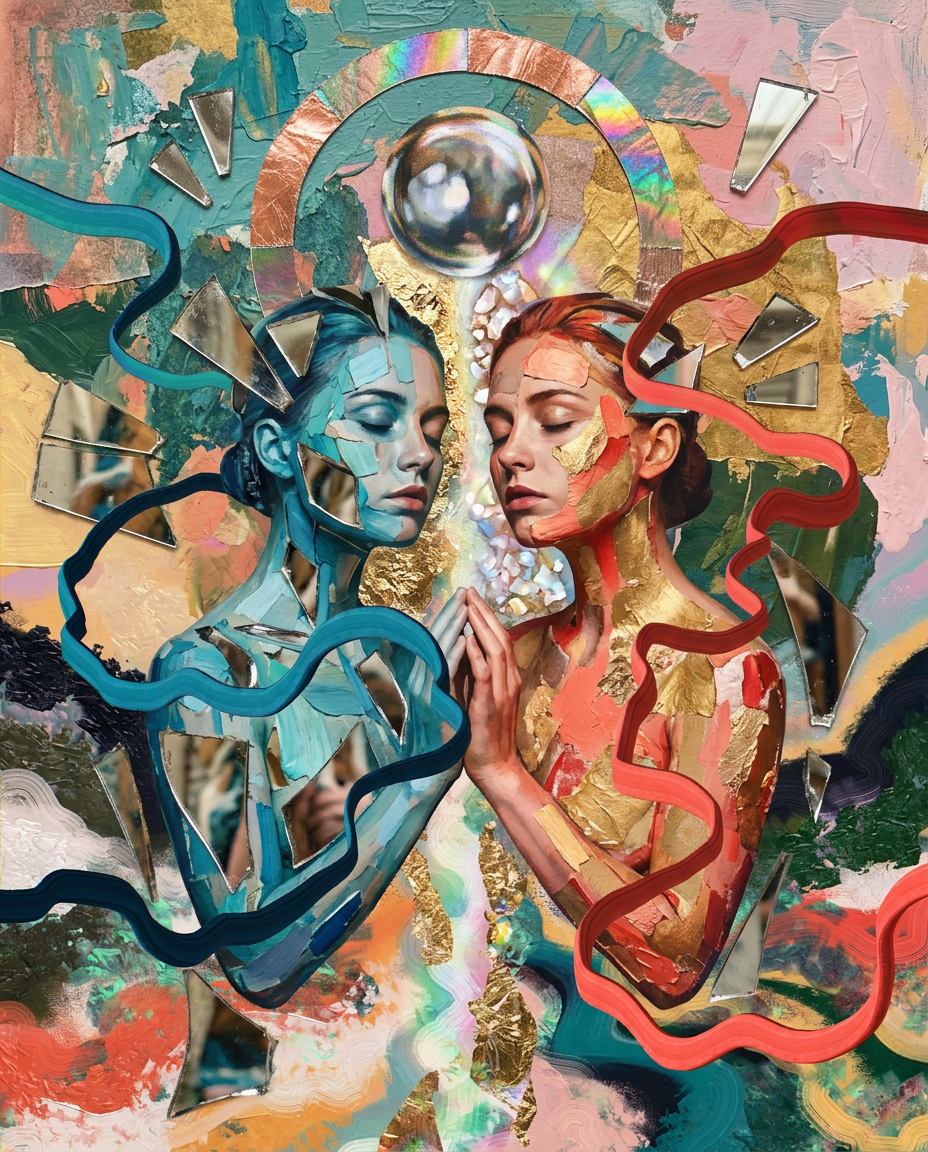 AI Design for create a new artwork similar to the art style of the reference image that is based on the concept of 'mirror'' , painterly, surreal, abstract colourful poetic artwork. dont copy reference image only follow textures