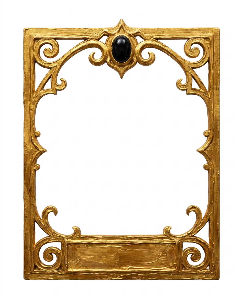AI Design for create a minimal painterly oil paint textured frame like the one in the first image but the frame will look like the gold accents in the second image. make it unique and bold. only gold accent frame on solid white background. the design will look hand drawn and minimal, with space in the bottom for  text like in first image. the outside of the frame will be a exact rectangle