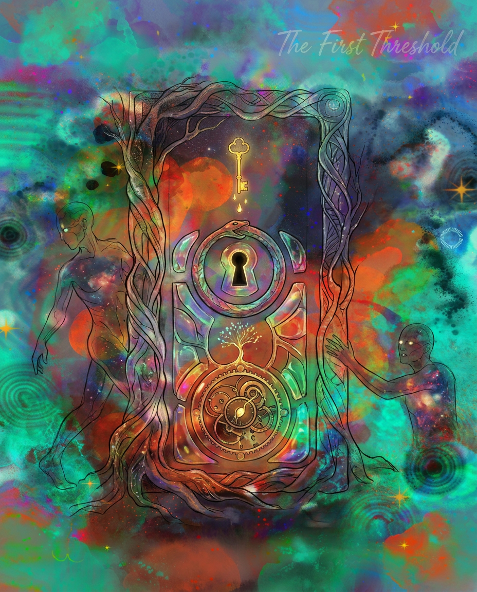AI Design for create a new artwork similar to the art style of the reference image that is based on the concept of the first door, painterly, surreal, abstract colourful poetic artwork. dont copy reference image only follow art style