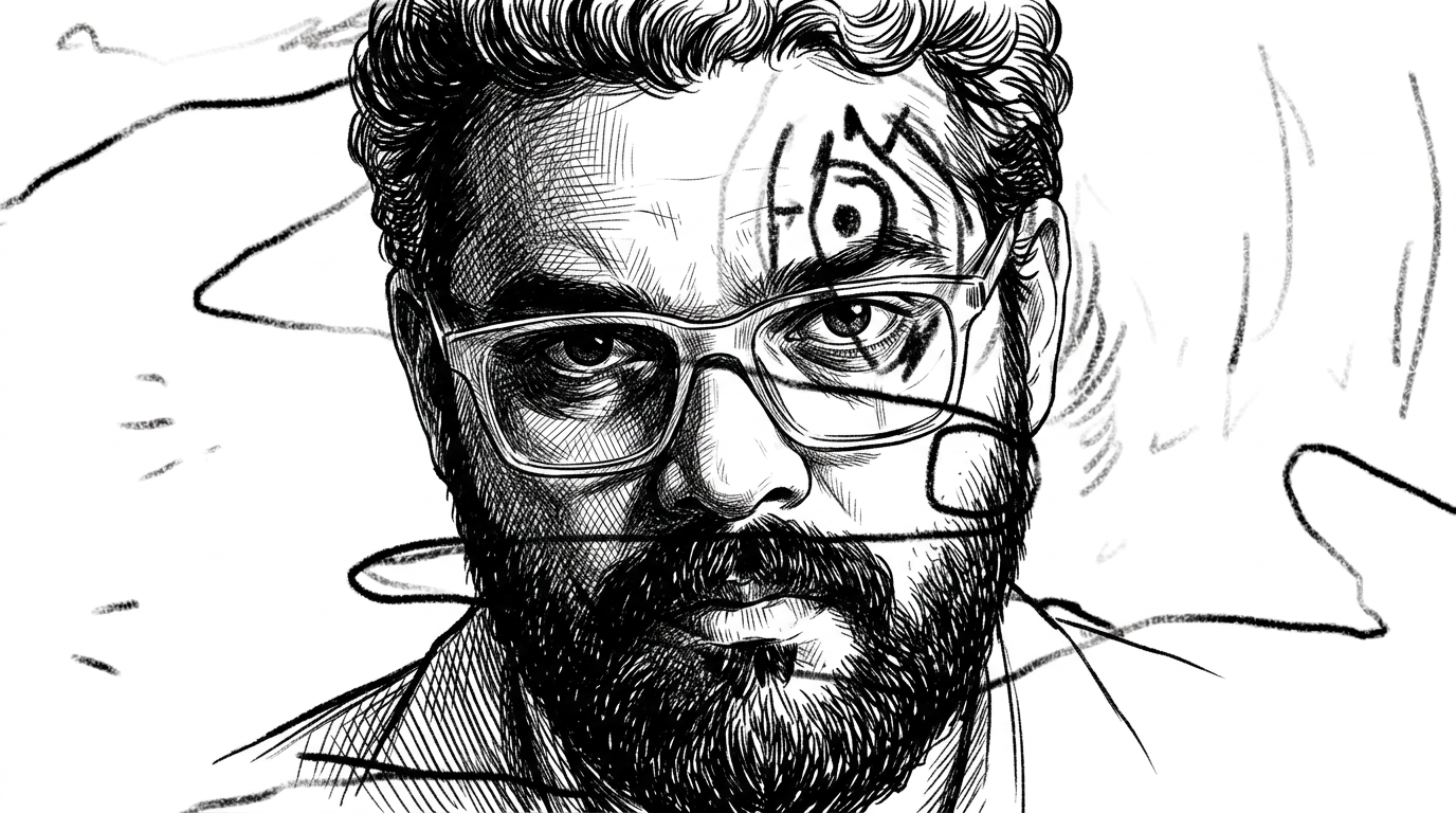 AI Design for redraw the 3rd image in the same art style as the second image, make it very dramatic light and shadow , surreal linework. make the man look like the man in the 1rst image