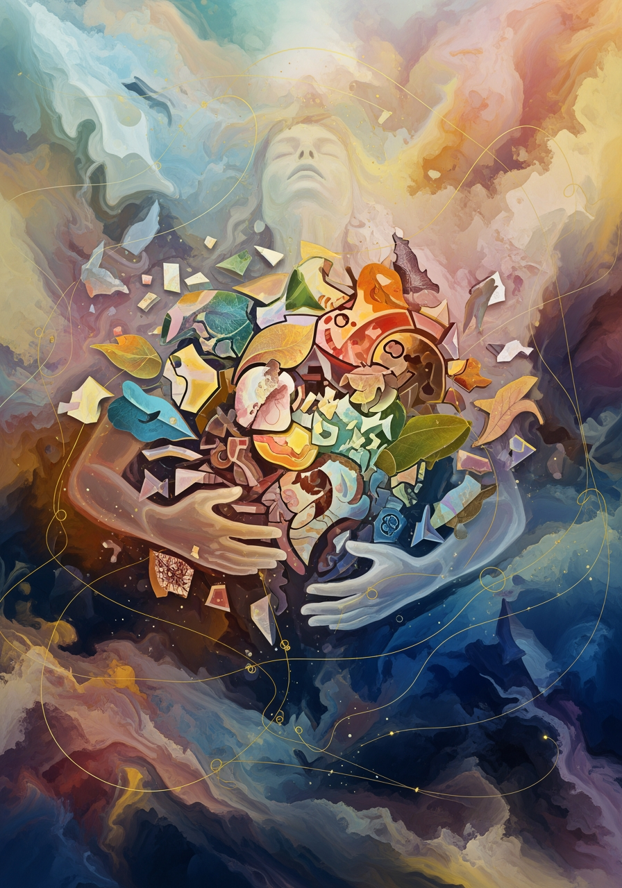 AI Design for create a new artwork similar that is based on the concept of 'acceptance'' , painterly, surreal, abstract colourful poetic artwork. dont copy reference image only follow textures