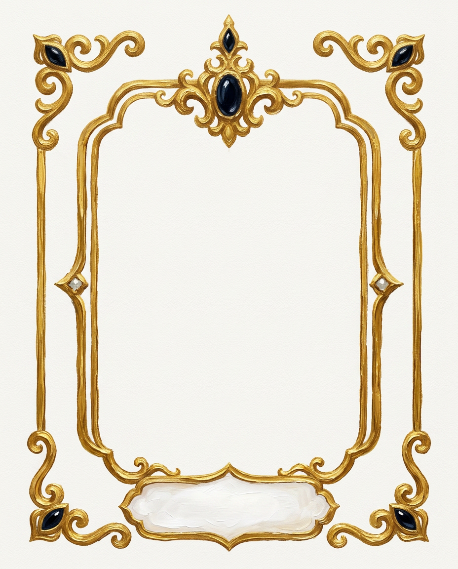 AI Design for create a minimal painterly oil paint textured frame like the one in the first image but the frame will look like the gold accents in the second image. make it unique and bold. only gold accent frame on solid white background. the design will look hand drawn and minimal, with space in the bottom for  text like in first image. the outside of the frame will be rectangle
