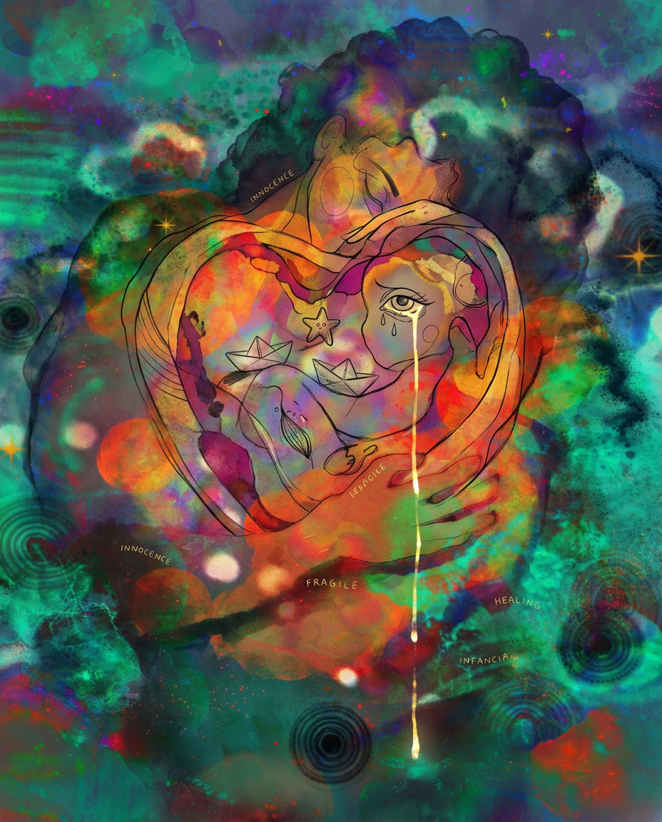 AI Design for create a new artwork similar to the art style of the reference image that is based on the concept of ''inner child'' , painterly, surreal, abstract colourful poetic artwork. dont copy reference image only follow textures