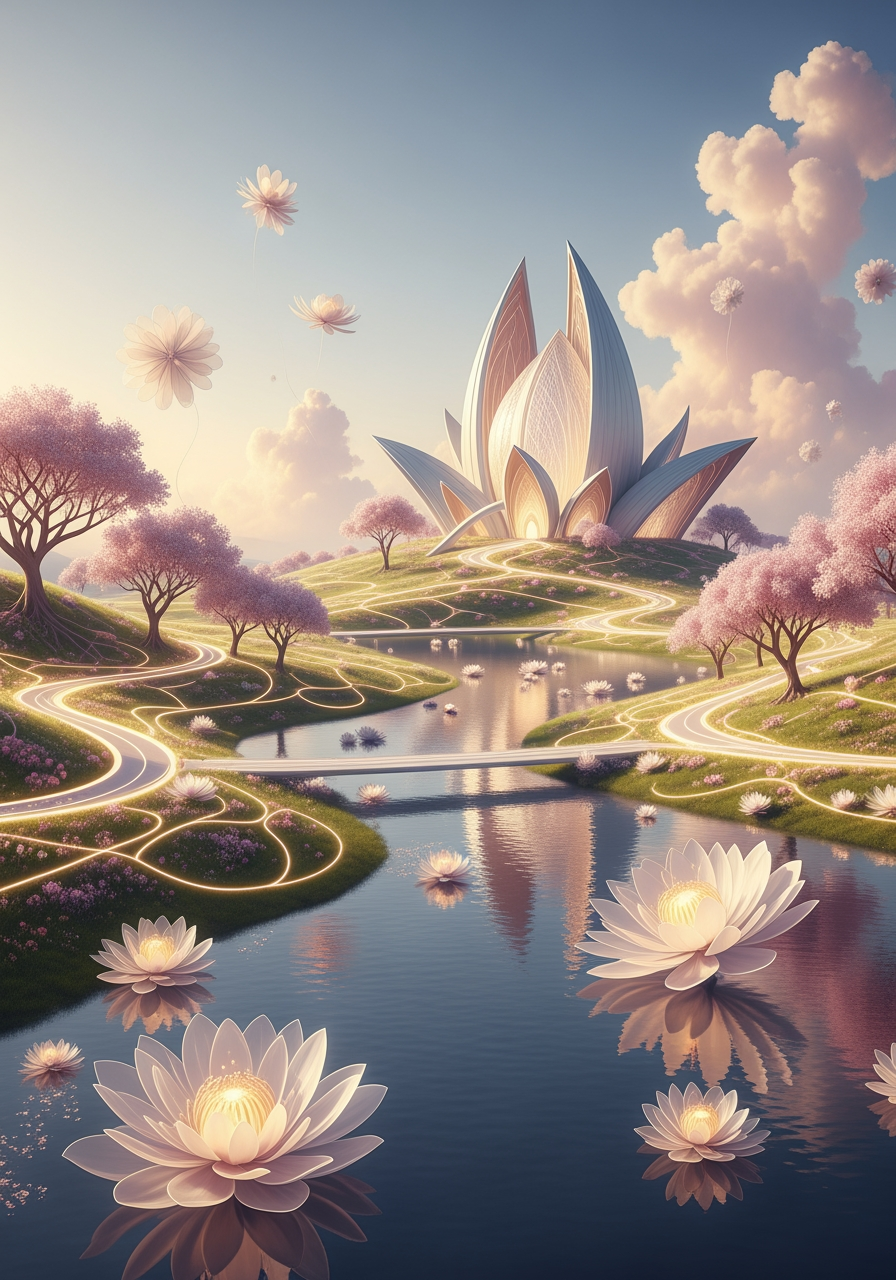 AI Design for A breathtaking surreal conceptual artwork representing the vision of “Wellness for All” — a harmonious dreamlike world where mental, emotional, physical, and spiritual well-being exist in perfect balance. Create a serene, peaceful landscape floating between reality and imagination: a vast ethereal sanctuary surrounded by soft rolling hills, gentle flowing water, blooming gardens, and organic architectural forms inspired by nature. Diverse human figures of different ages, cultures, and backgrounds peacefully coexist, connected through gestures of kindness, creativity, healing, and togetherness.

Depict wellness as a living ecosystem: glowing pathways symbolizing connection and recovery, translucent trees with branches intertwining like supportive networks, floating flowers representing hope and growth, and calm water reflecting inner peace. Include subtle symbolic elements such as hands nurturing plants, birds in flight, open spaces for reflection, and warm sunlight filtering through clouds to represent healing, acceptance, and universal care.

The atmosphere should feel dreamlike, uplifting, and deeply calming — a visual representation of a world where everyone has access to safety, compassion, and balance. Use a soft pastel color palette of blush pink, lavender, powder blue, mint green, peach, cream, and gentle golden light. Create an elegant blend of surrealism and fine art, with delicate textures, atmospheric depth, soft glowing highlights, and a sense of infinite tranquility.

Style: contemporary surreal fine art, poetic visual storytelling, cinematic composition, ethereal fantasy realism, minimalist elegance, highly detailed, emotionally evocative, peaceful and inspiring.

Camera/composition: wide panoramic view, immersive environment design, balanced symmetrical composition, dreamlike perspective, soft focus background, intricate foreground details, sense of vastness and serenity.

No text, no typography, no harsh contrast, no dark elements, no conflict — only harmony, healing, inclusivity, and universal wellness.