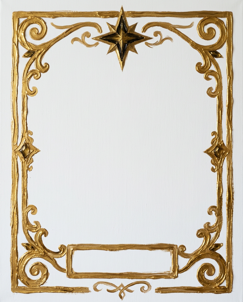 AI Design for create a minimal painterly oil paint textured frame like the one in the first image but the frame will look like the gold accents in the second image. make it unique and bold. only gold accent frame on solid white background. the design will look hand drawn and minimal, with space in the bottom for  text like in first image. the outside of the frame will be rectangle