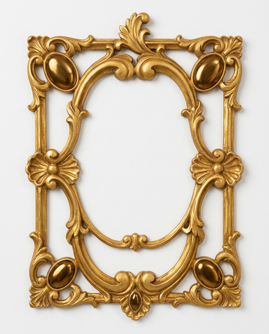 AI Design for create a minimal painterly oil paint textured frame like the one in the first image but the frame will look like the gold accents in the second image. make it unique and bold. only gold accent frame on solid white background. the design will look hand drawn and minimal, with space in the bottom for  text like in first image. the outside of the frame will be a exact rectangle