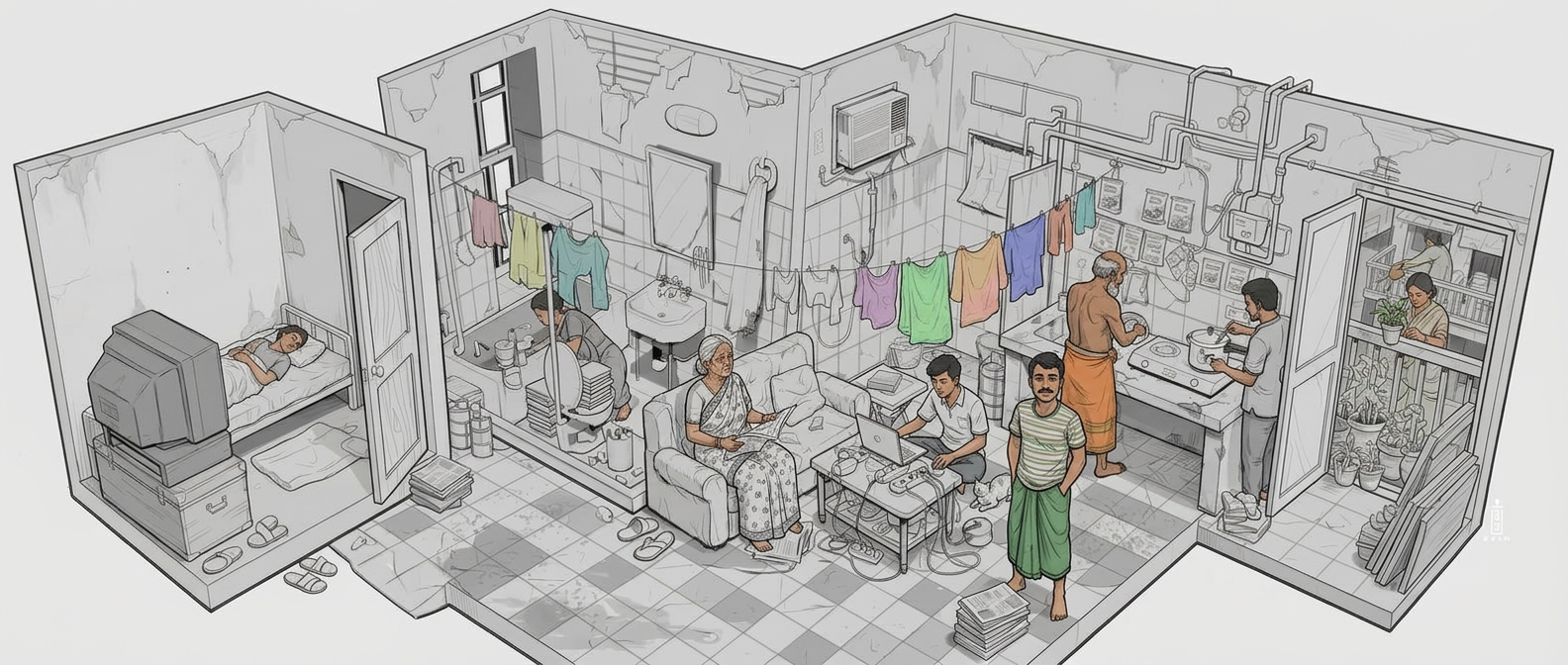 AI Design for add several bangladeshi people inside this space, naturally placed, existing interacting with the space. with one person standing at the corner in the foreground looking up at us