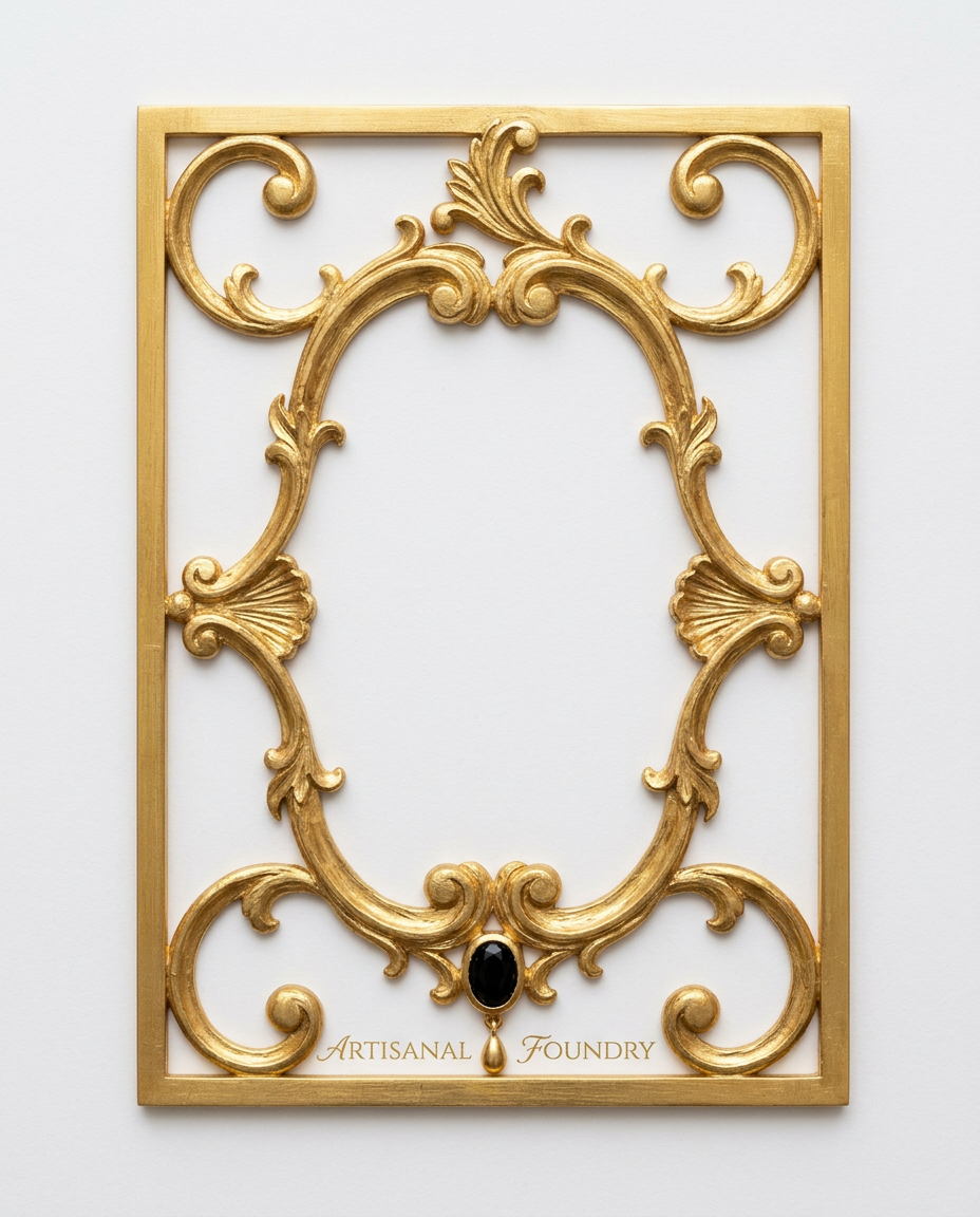 AI Design for create a minimal painterly oil paint textured frame like the one in the first image but the frame will look like the gold accents in the second image. make it unique and bold. only gold accent frame on solid white background. the design will look hand drawn and minimal, with space in the bottom for  text like in first image. the outside of the frame will be a exact rectangle