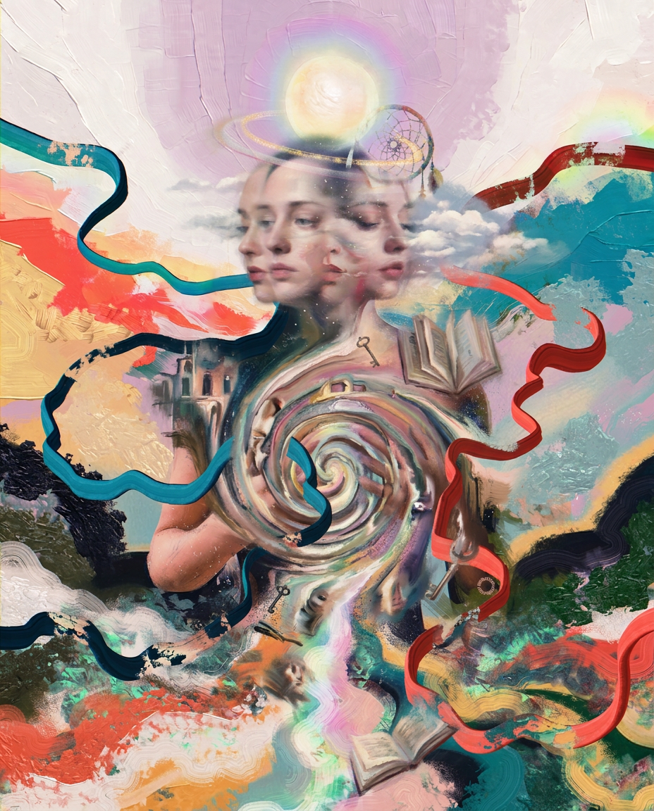 AI Design for create a new artwork similar to the art style of the reference image that is based on the concept of 'forgotten dream'' , painterly, surreal, abstract colourful poetic artwork. dont copy reference image only follow textures
