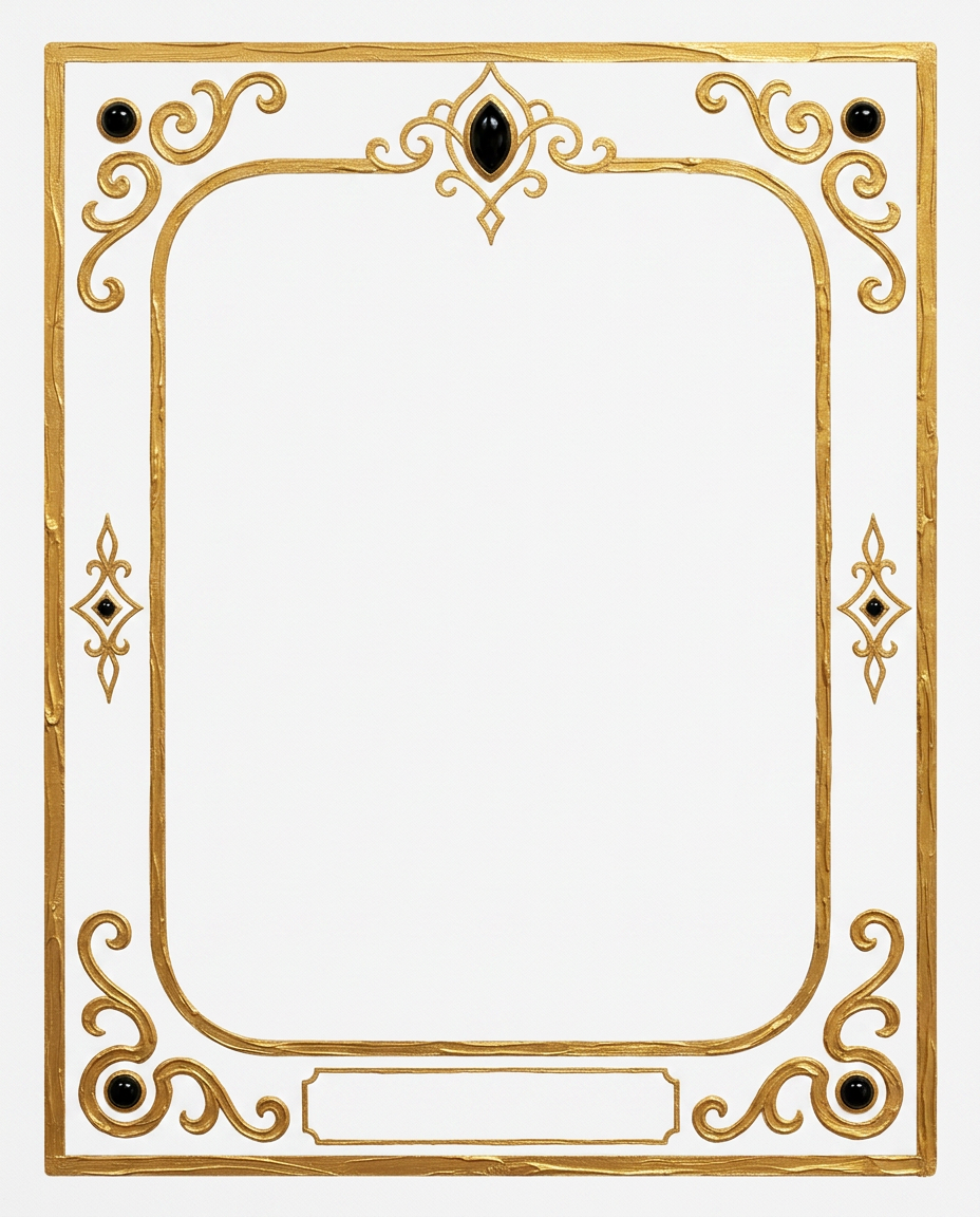 AI Design for create a minimal painterly oil paint textured frame like the one in the first image but the frame will look like the gold accents in the second image. make it unique and bold. only gold accent frame on solid white background. the design will look hand drawn and minimal, with space in the bottom for  text like in first image. the outside of the frame will be a exact rectangle