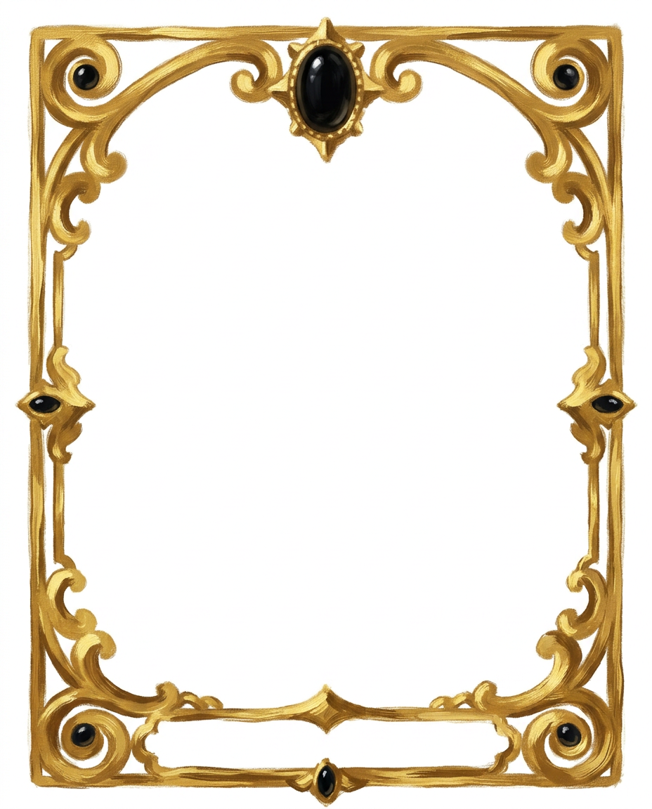 AI Design for create a minimal painterly oil paint textured frame like the one in the first image but the frame will look like the gold accents in the second image. make it unique and bold. only gold accent frame on solid white background. the design will look hand drawn and minimal, with space in the bottom for  text like in first image
