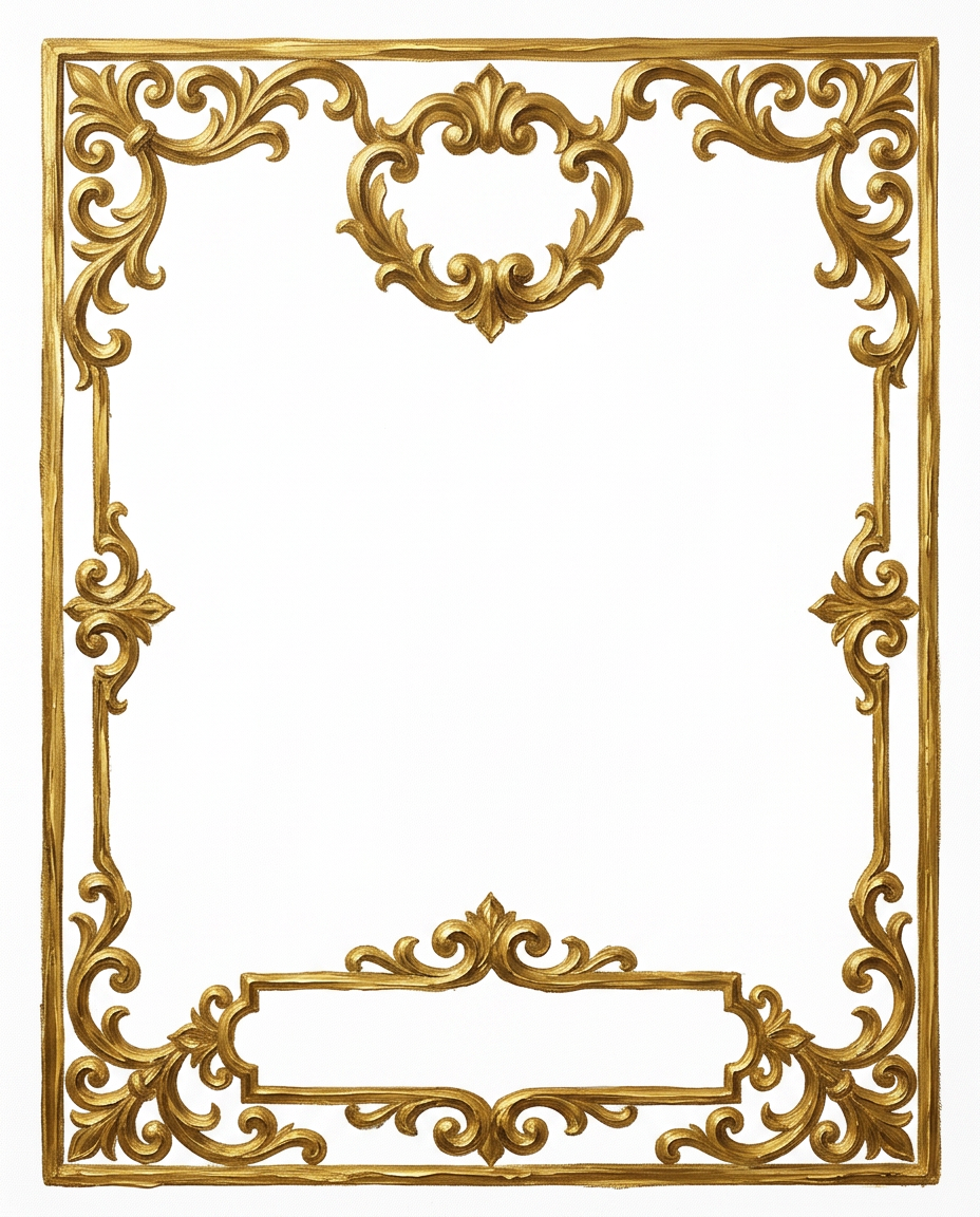 AI Design for create a minimal painterly oil paint textured frame like the one in the first image but the frame will look like the gold accents in the second image. make it unique and bold. only gold accent frame on solid white background. the design will look hand drawn and minimal, with space in the bottom for  text like in first image. the outside of the frame will be a exact rectangle