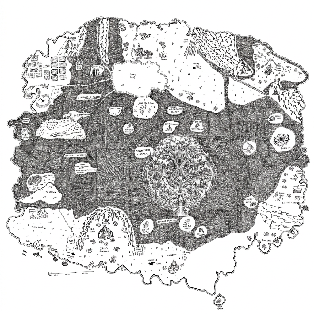 AI Design for Use the supplied reference images as the exact cartographic blueprint. Recreate the illustrated map with maximum fidelity to the reference artwork. Do not redesign, reinterpret, simplify, rearrange, add, remove, or invent any geographic feature, landmark, settlement, road, river, field, forest, mountain, lake, bridge, structure, symbol, icon, texture, label placement, or decorative element.

Carefully reproduce every visible detail from the reference, including the smallest hand-drawn symbols and environmental markings. Preserve the exact relative position, scale, orientation, spacing, density, and hierarchy of all elements. The second reference shows the smaller western island and must be reproduced with all of its original details. The third reference shows the larger map section and must likewise be reproduced in full detail. Treat all three references as interconnected sections of the same illustrated world map.

Cartographic accuracy is the highest priority. Match the original references feature-for-feature. Maintain the exact relationships between forests, mountain ranges, lakes, rivers, agricultural plots, settlements, buildings, roads, bridges, coastlines, cliffs, harbours, watchtowers, temples, villages, ruins, landmarks, and other illustrated locations. Do not substitute generic fantasy-map symbols for specific details visible in the references.

Preserve the hand-drawn character of the original while elevating it into a professional fantasy-cartography illustration suitable for a published D&D campaign setting, fantasy novel, worldbuilding book, or premium tabletop RPG sourcebook.

Art style: traditional black-ink cartographic engraving, highly refined pen-and-ink illustration, extremely precise linework, controlled stippling, fine cross-hatching, varied line weights, delicate contour lines, dense botanical textures, carefully rendered mountain relief, engraved architectural details, miniature hand-drawn buildings, elegant fantasy cartography, professional historical-map craftsmanship.

Forests should retain the individual-tree texture and density of the reference. Mountains should use detailed engraved rock formations and directional hatching. Agricultural areas should retain their individual field boundaries and repeated crop-line textures. Water should remain clean and largely unfilled, with subtle contour/detail lines where present in the reference. Buildings and settlements should remain individually legible rather than becoming abstract symbols.

Reproduce all handwritten labels and place names from the reference as accurately as possible, maintaining their approximate typography, scale, orientation, and location. Do not replace labels with invented names. Do not omit difficult-to-read labels; inspect the reference carefully and reproduce the visible lettering faithfully.

Preserve the original visual hierarchy: heavily textured natural regions, lighter inhabited/open regions, clearly defined waterways and roads, prominent landmarks, and fine peripheral details. Keep the illustration monochromatic and entirely ink-based.

Clean professional finish: crisp high-resolution black linework, consistent ink density, extremely fine details, clean contours, subtle organic imperfections characteristic of hand-drawn cartography, no digital-looking vector smoothness, no colour, no grey wash, no painterly rendering.

Background: pure solid white (#FFFFFF), completely clean and uninterrupted. The map illustration and its details are the only visual content.

Composition: reproduce the reference artwork faithfully within the image area. Do not introduce a decorative parchment background, compass rose, border, title, legend, ornamental frame, grid, scale bar, typography panel, shadows, stains, paper texture, or any element that is not present in the reference.

CRITICAL REFERENCE-FIDELITY RULE: the supplied images are not inspiration; they are the source artwork to be faithfully reconstructed. Prioritize exact visual correspondence over artistic interpretation. Every recognizable feature in the references should remain present and in its correct relative position. Do not make the map “better” by changing its design — only refine the execution, line quality, consistency, legibility, and professional finish while preserving the original information and details exactly.

Negative instructions: no colour, no parchment, no aged paper, no fantasy redesign, no new landmarks, no missing landmarks, no altered geography, no simplified forests, no generic settlements, no rearranged buildings, no invented text, no omitted details, no decorative additions, no cinematic lighting, no 3D rendering, no photorealism, no watercolor, no painting, no vector-flat aesthetic, no modern infographic aesthetic.